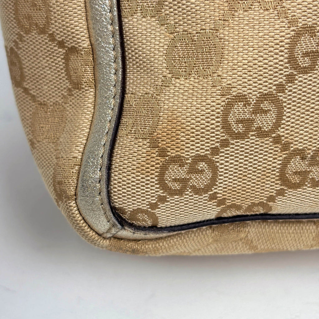 Gucci Gg Canvas Beige Gold Gg Canvas Leather Handbag Tote Bag (Pre-Owned)