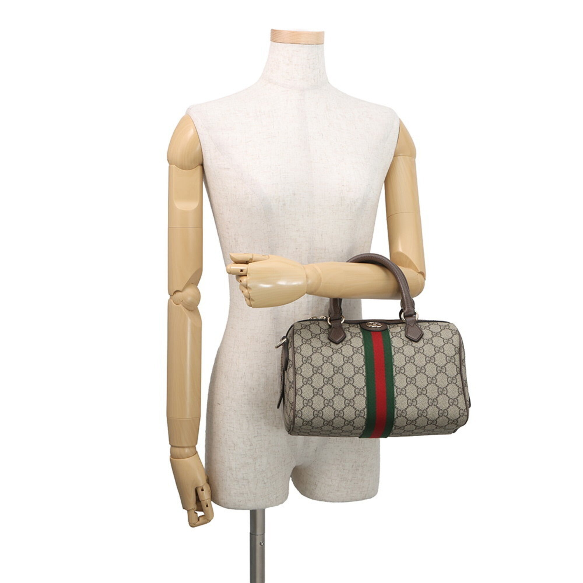 Gucci Beige Brown Green Red Color Gg Supreme Leather Boston Bag Handbag (Pre-Owned)
