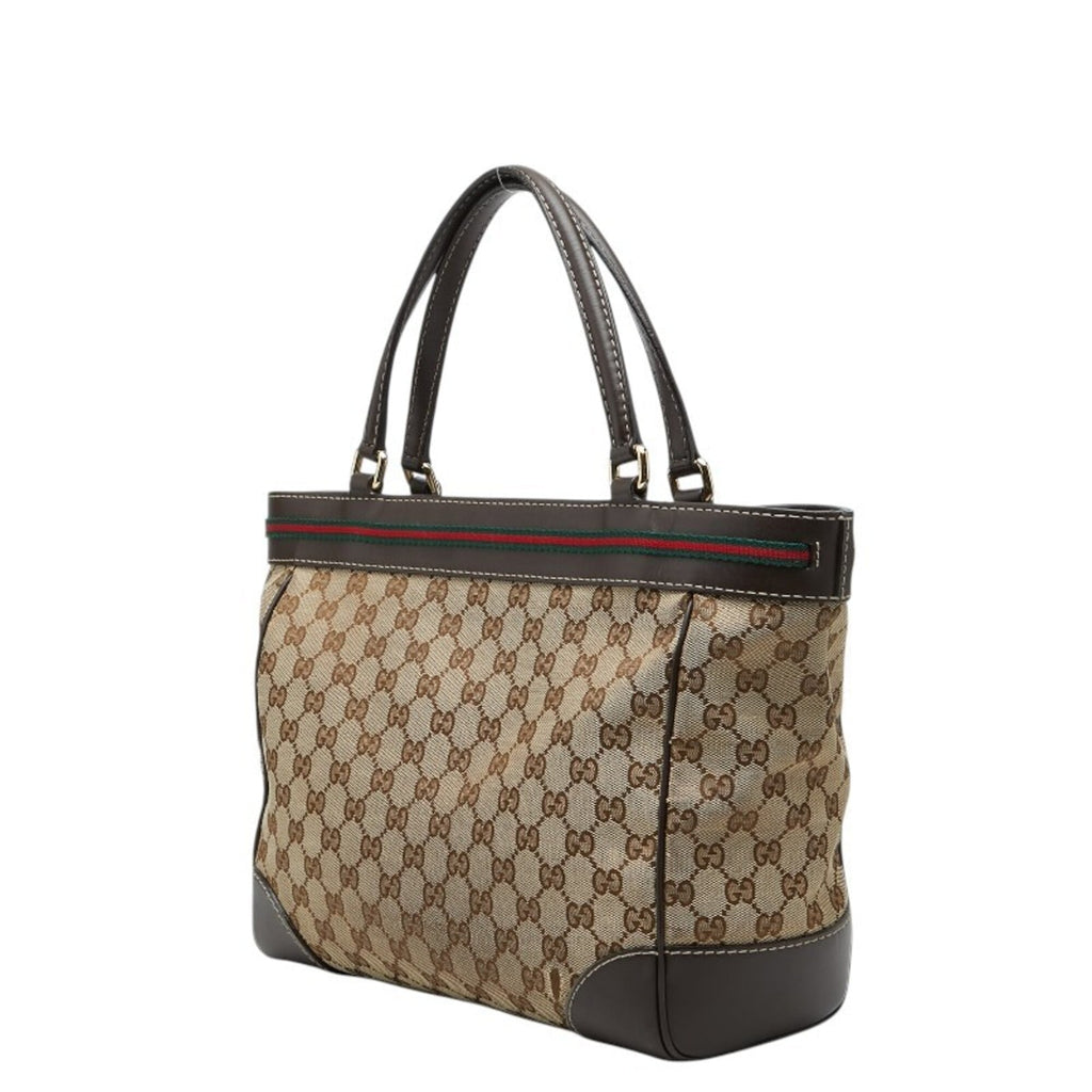 Gucci Gg Canvas Beige Brown Gg Canvas Leather Handbag Tote Bag (Pre-Owned)