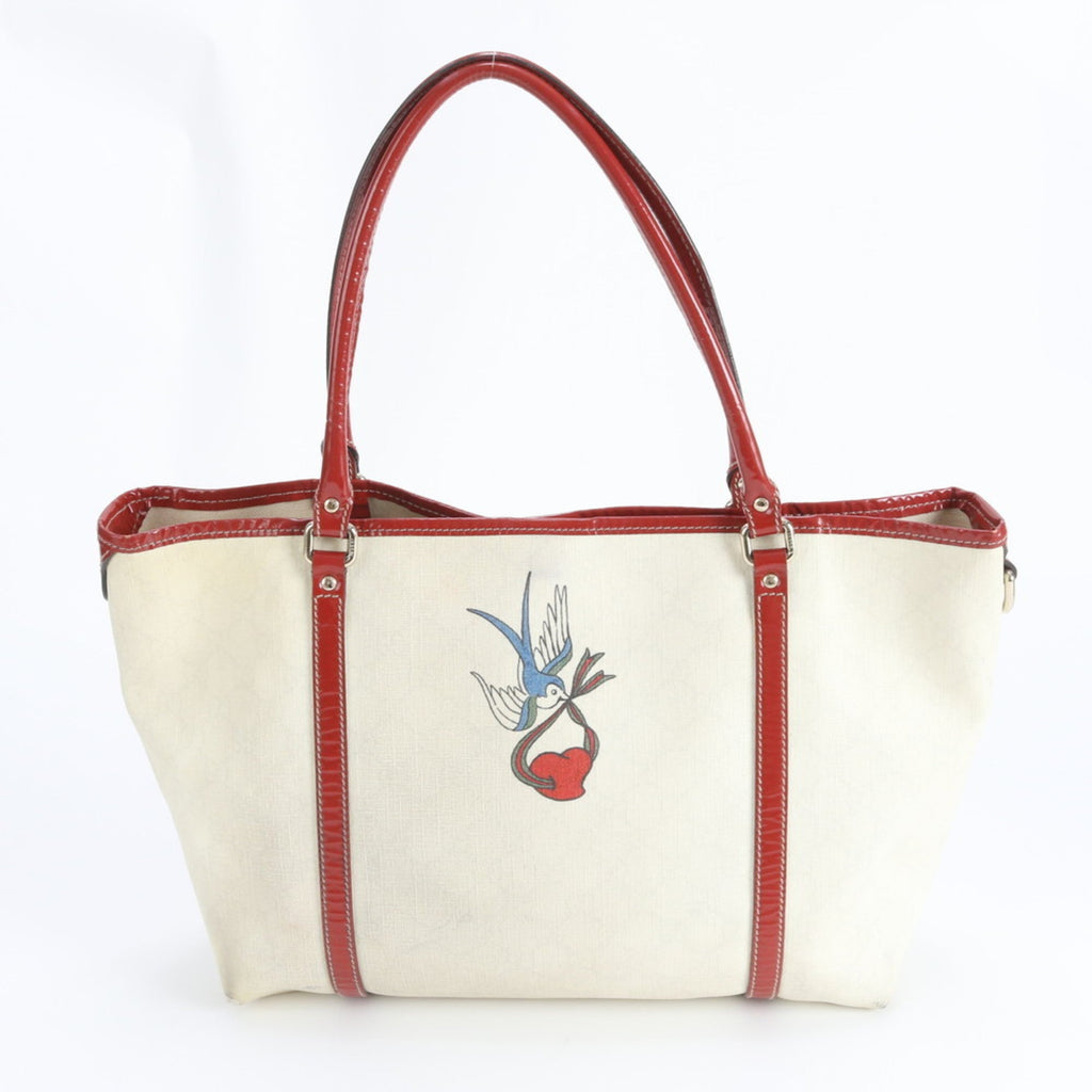 Gucci Off-White Red Color Coated Canvas Leather Handbag Tote Bag (Pre-Owned)