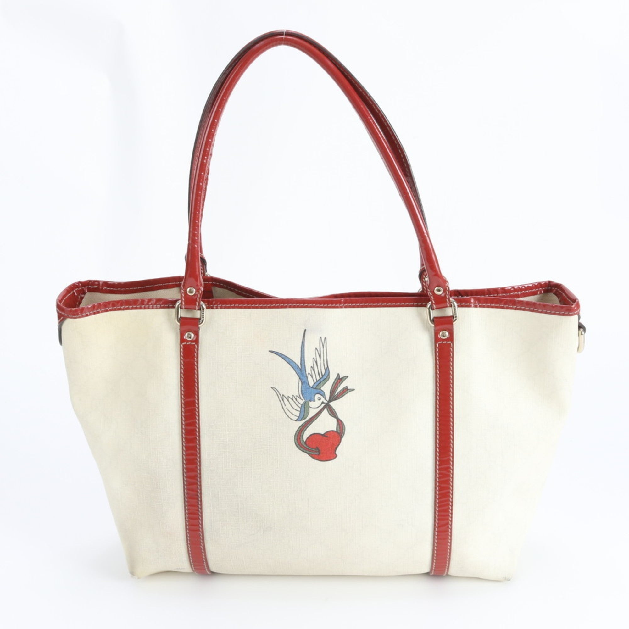 Gucci Off-White Red Color Coated Canvas Leather Handbag Tote Bag (Pre-Owned)