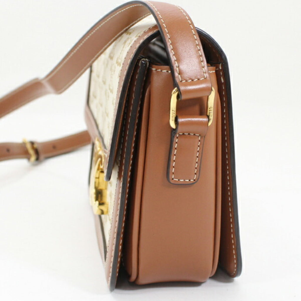 Celine Brown White Canvas Leather Shoulder Bag