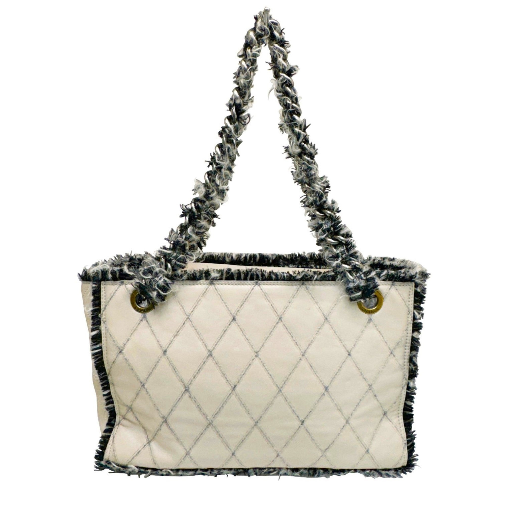 Chanel Beige Black Tweed Leather Tote Bag