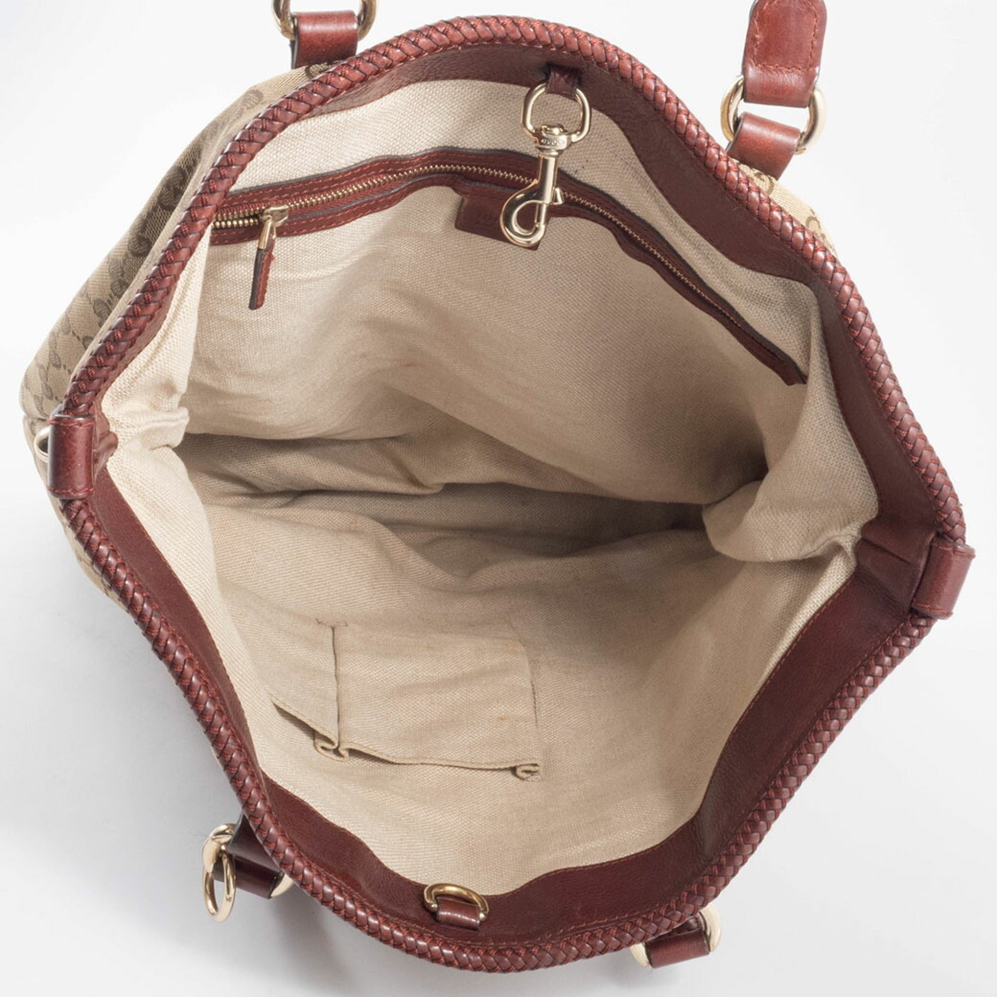 Gucci Gg Canvas Beige Brown Gg Canvas Leather Tote Bag (Pre-Owned)