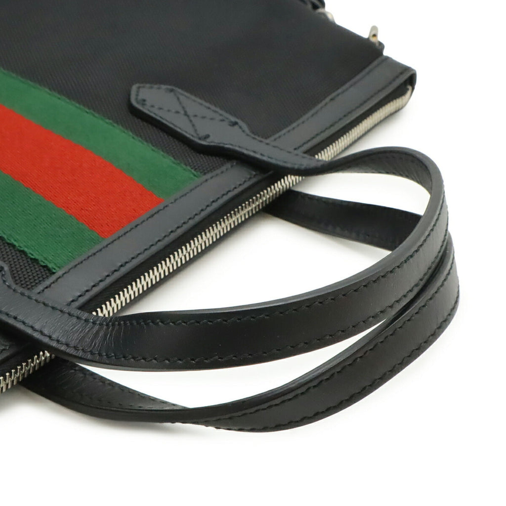 Gucci Sherry Line Black Green Red Color Nylon Canvas Leather Shoulder Bag Tote Bag (Pre-Owned)