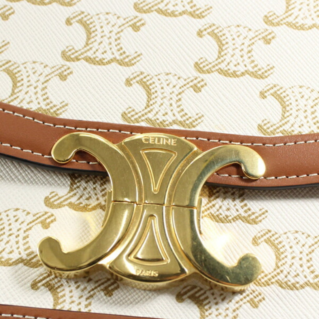 Celine Brown White Canvas Leather Shoulder Bag