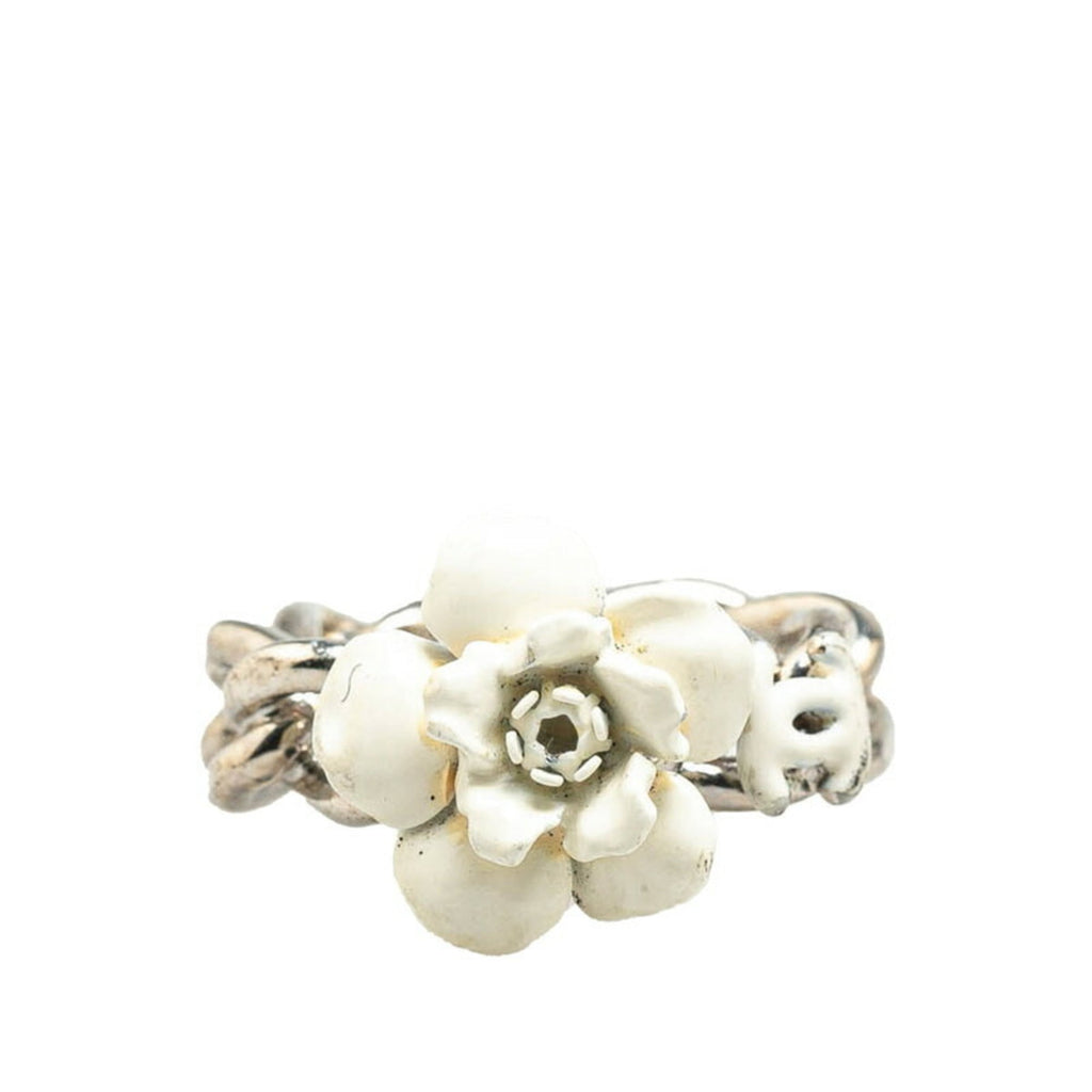 Chanel Silver White Metal Band Ring