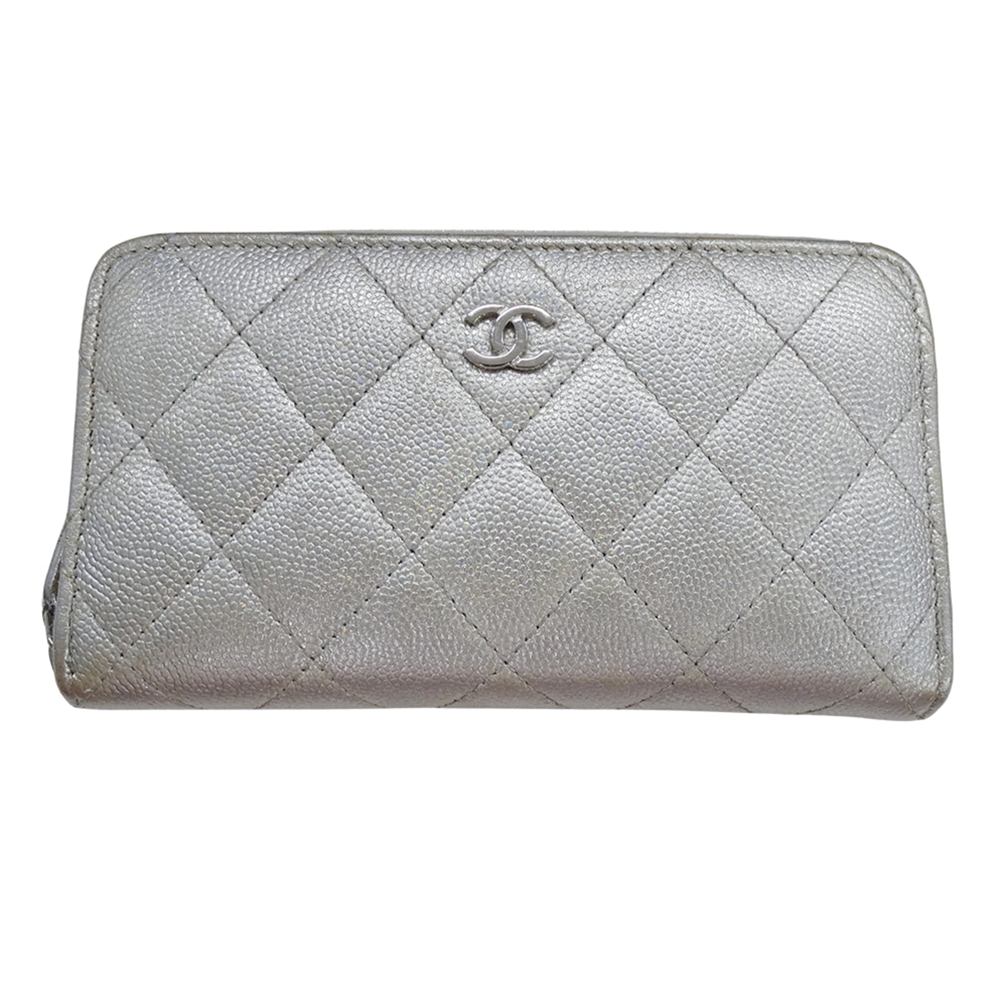 Chanel Silver Grained Calfskin Chain/Shoulder Wallet