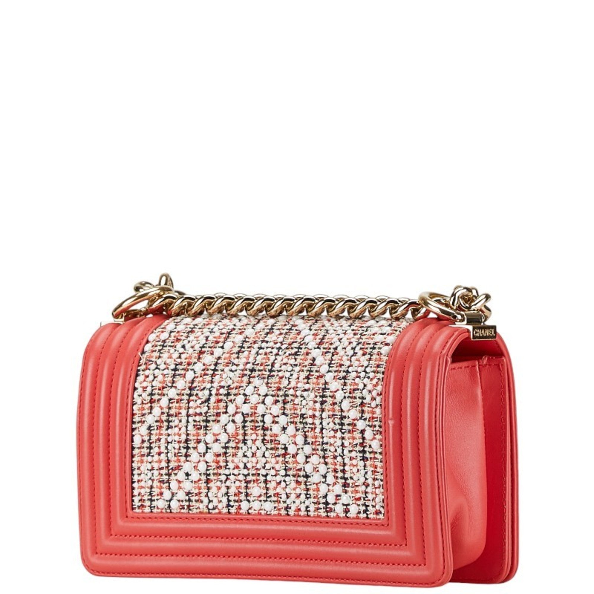 Chanel Boy Chanel Multi-Color Pink White Tweed Leather Shoulder Bag