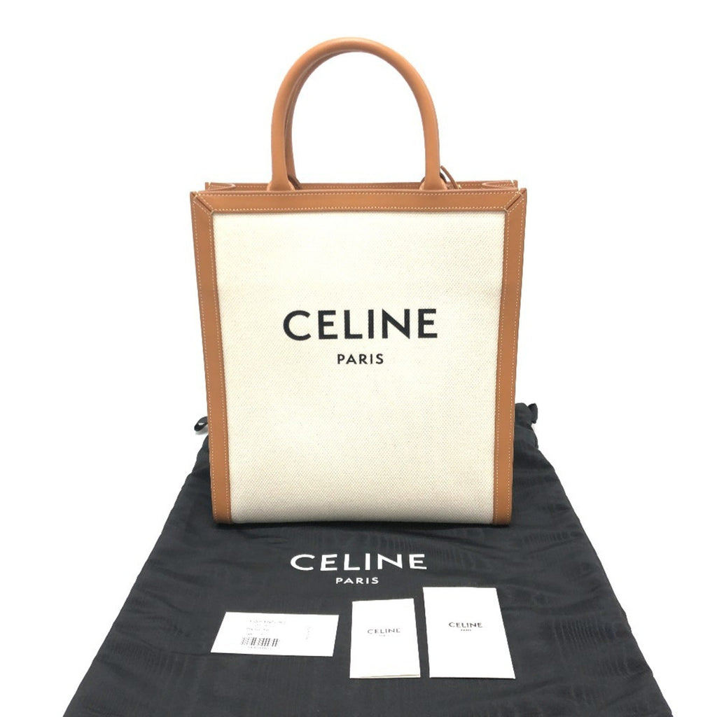 Celine Cabas Beige Brown Leather Canvas Handbag Shoulder Bag Tote Bag
