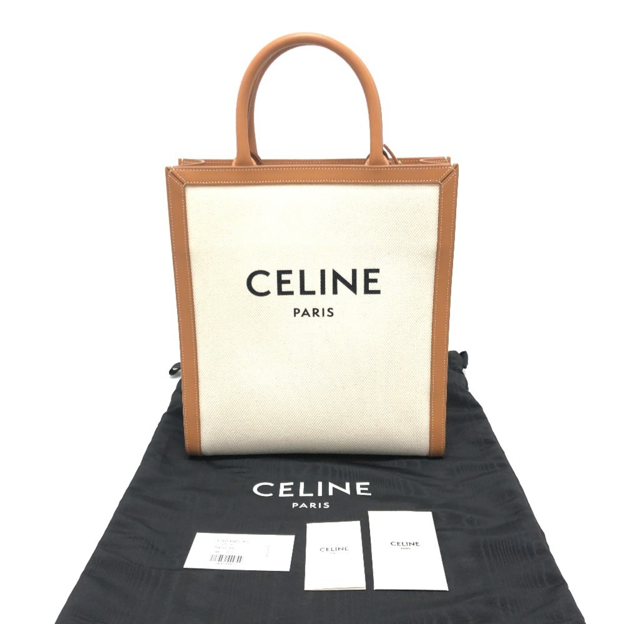 Celine Cabas Beige Brown Leather Canvas Handbag Shoulder Bag Tote Bag