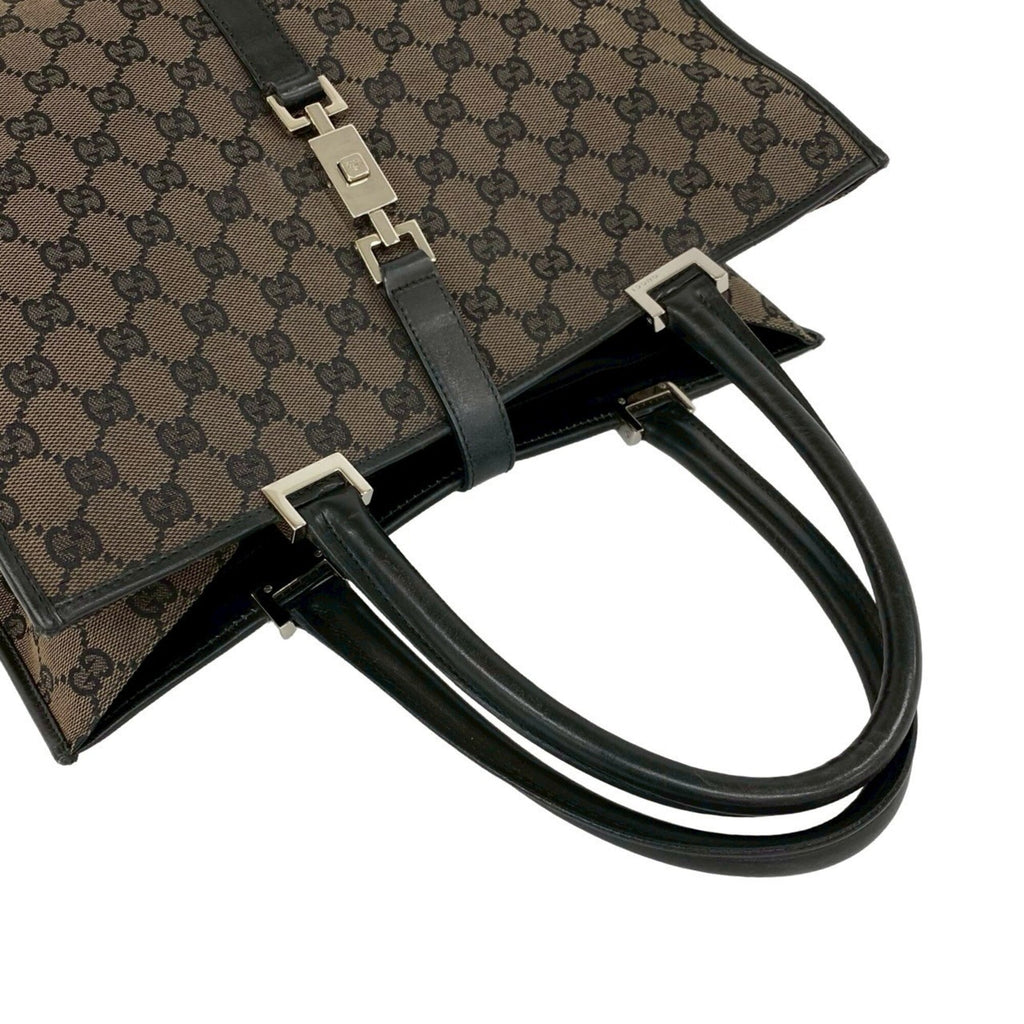 Gucci Black Brown Leather Canvas Boston Bag Handbag (Pre-Owned)
