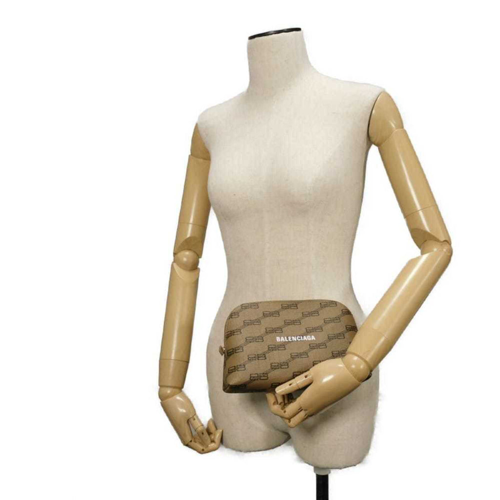 Balenciaga Beige Brown Coated Canvas Leather Clutch Bag Pouch