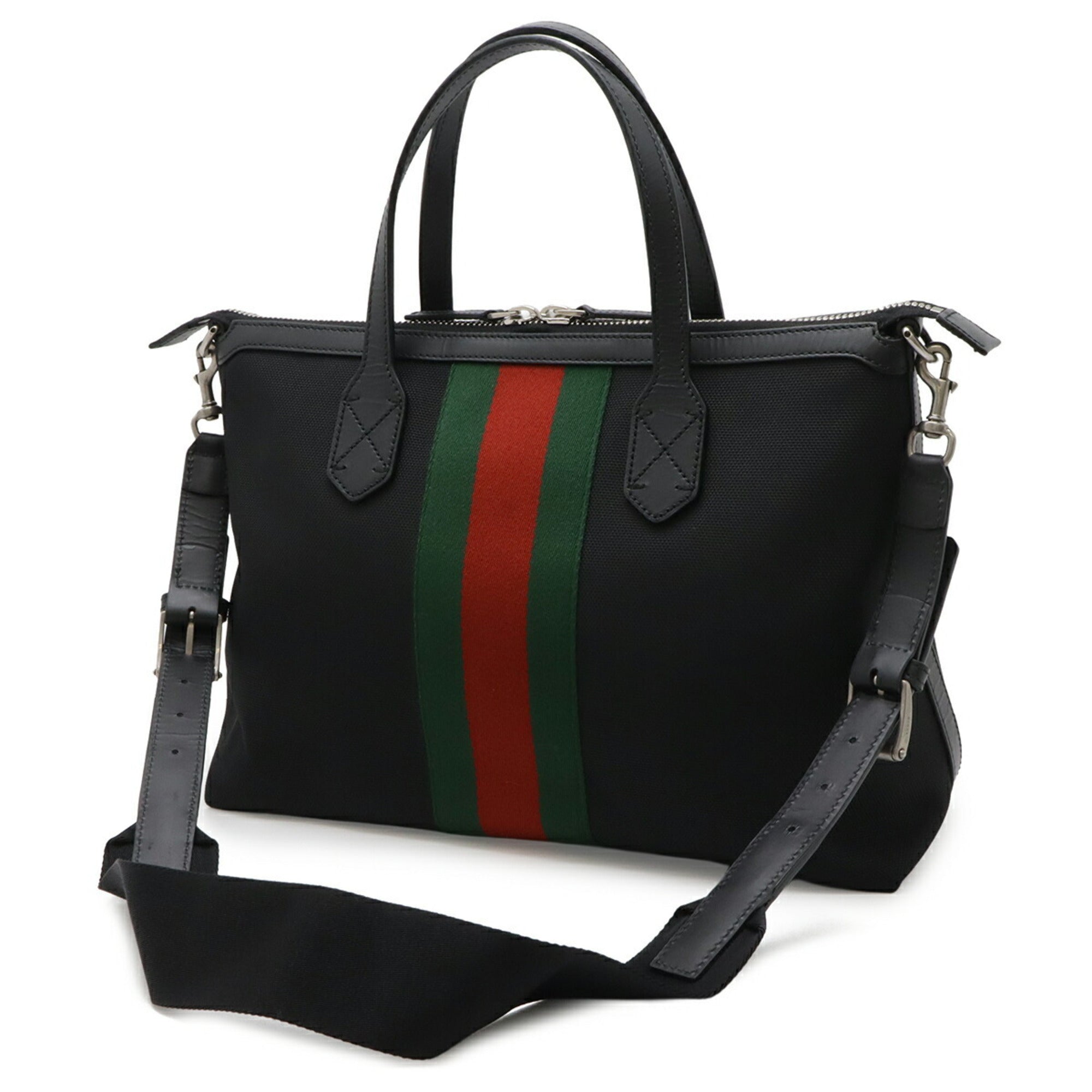 Gucci Black Green Red Color Nylon Canvas Leather Shoulder Bag Tote Bag (Pre-Owned)