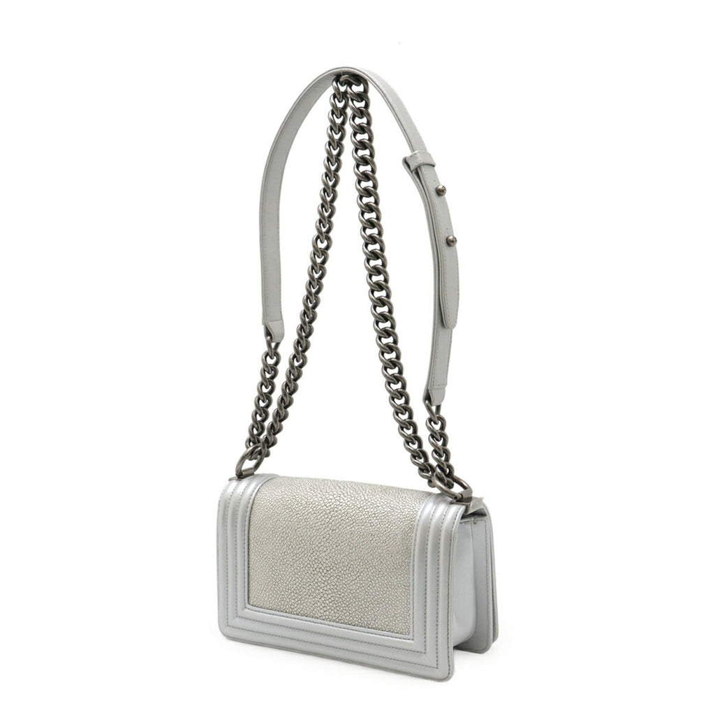 Chanel Boy Chanel Metallic Silver Leather Pochette Shoulder Bag