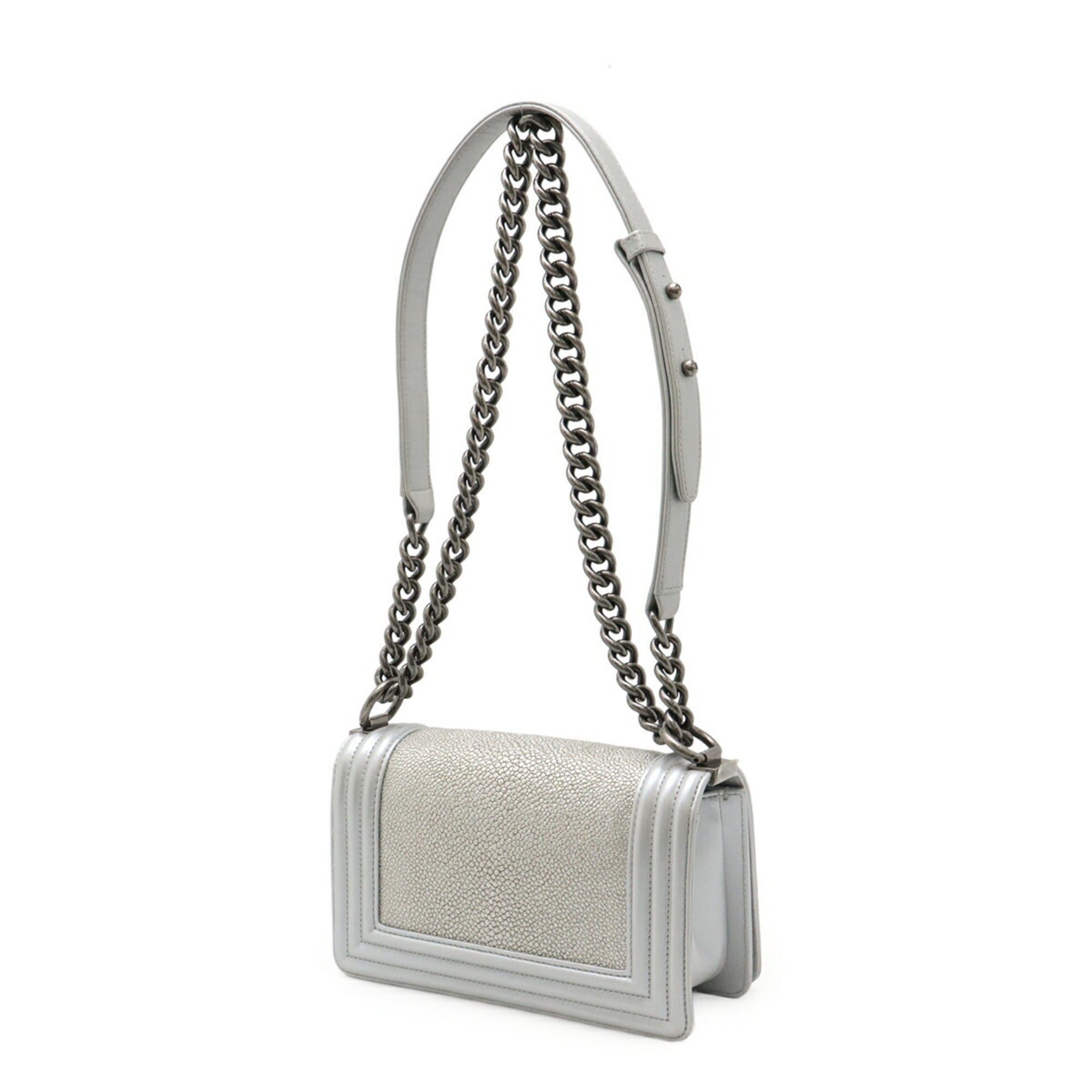 Chanel Boy Chanel Metallic Silver Leather Pochette Shoulder Bag