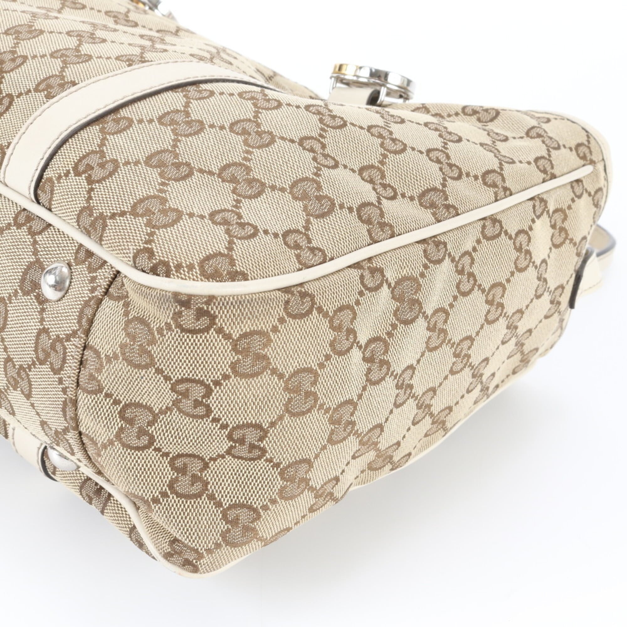 Gucci Beige White Leather Canvas Handbag Shoulder Bag Tote Bag (Pre-Owned)
