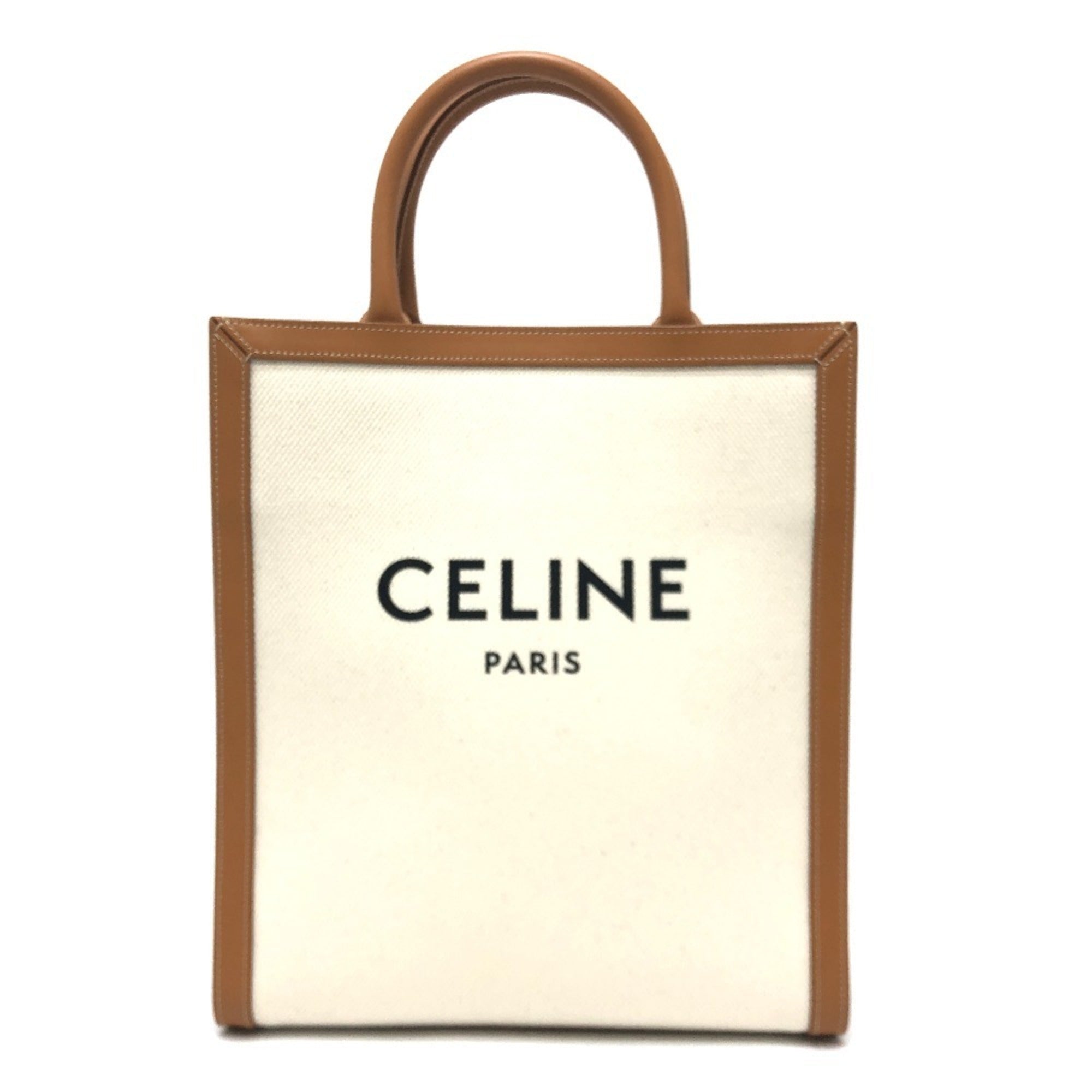 Celine Cabas Beige Brown Leather Canvas Handbag Shoulder Bag Tote Bag