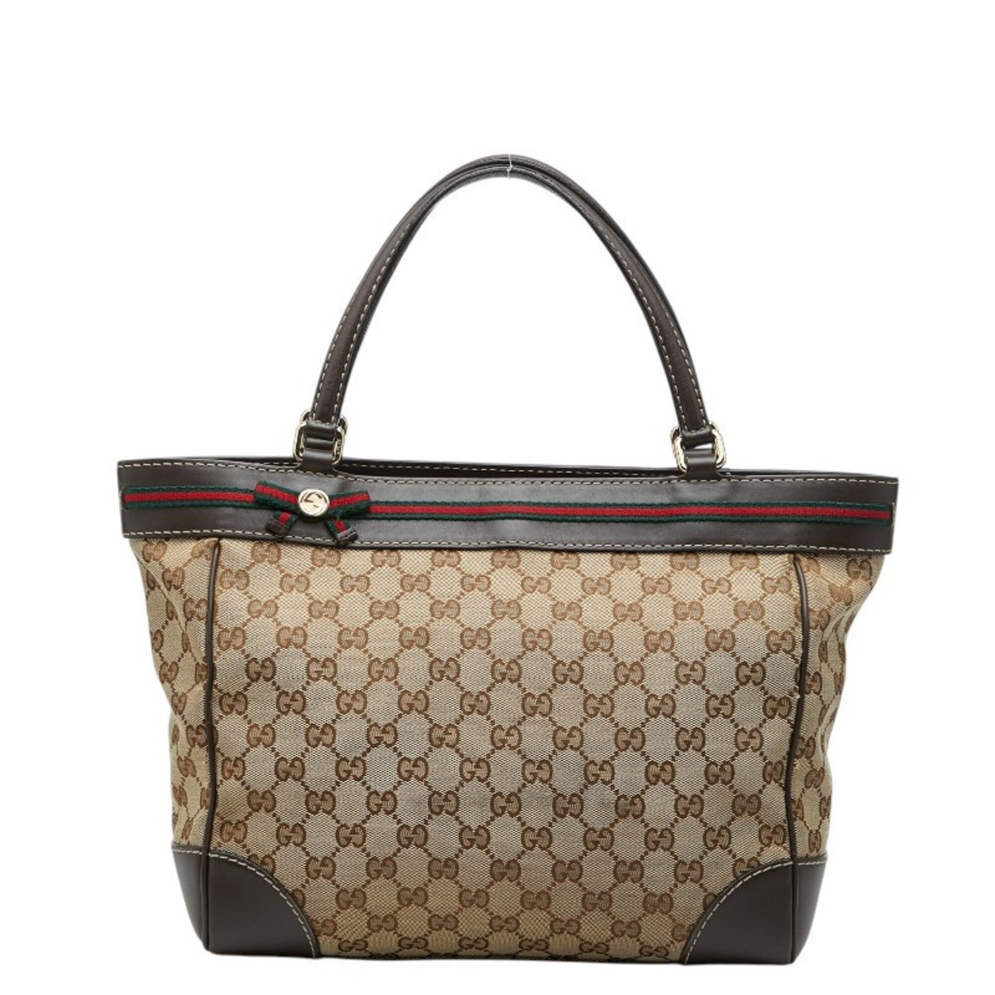 Gucci Gg Canvas Beige Brown Gg Canvas Leather Handbag Tote Bag (Pre-Owned)
