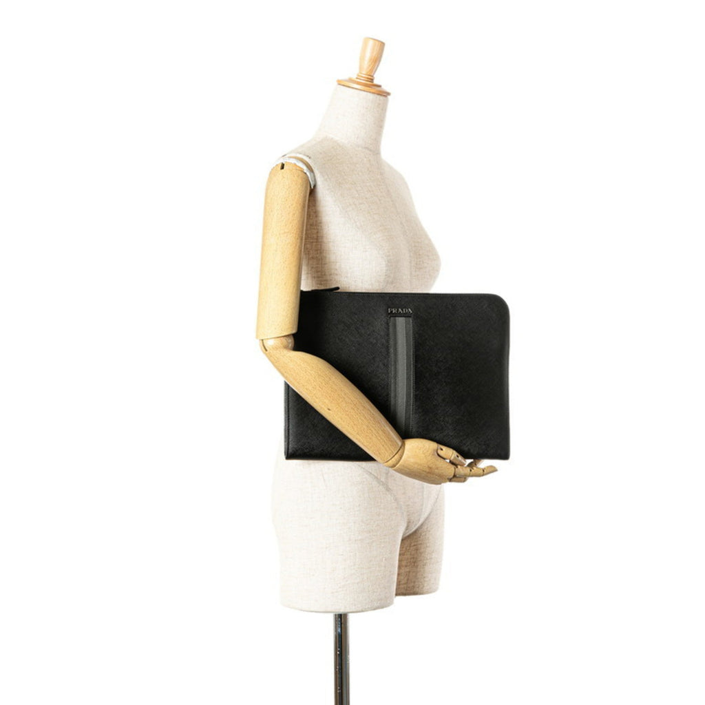 Prada Black Saffiano Triangle Clutch Bag