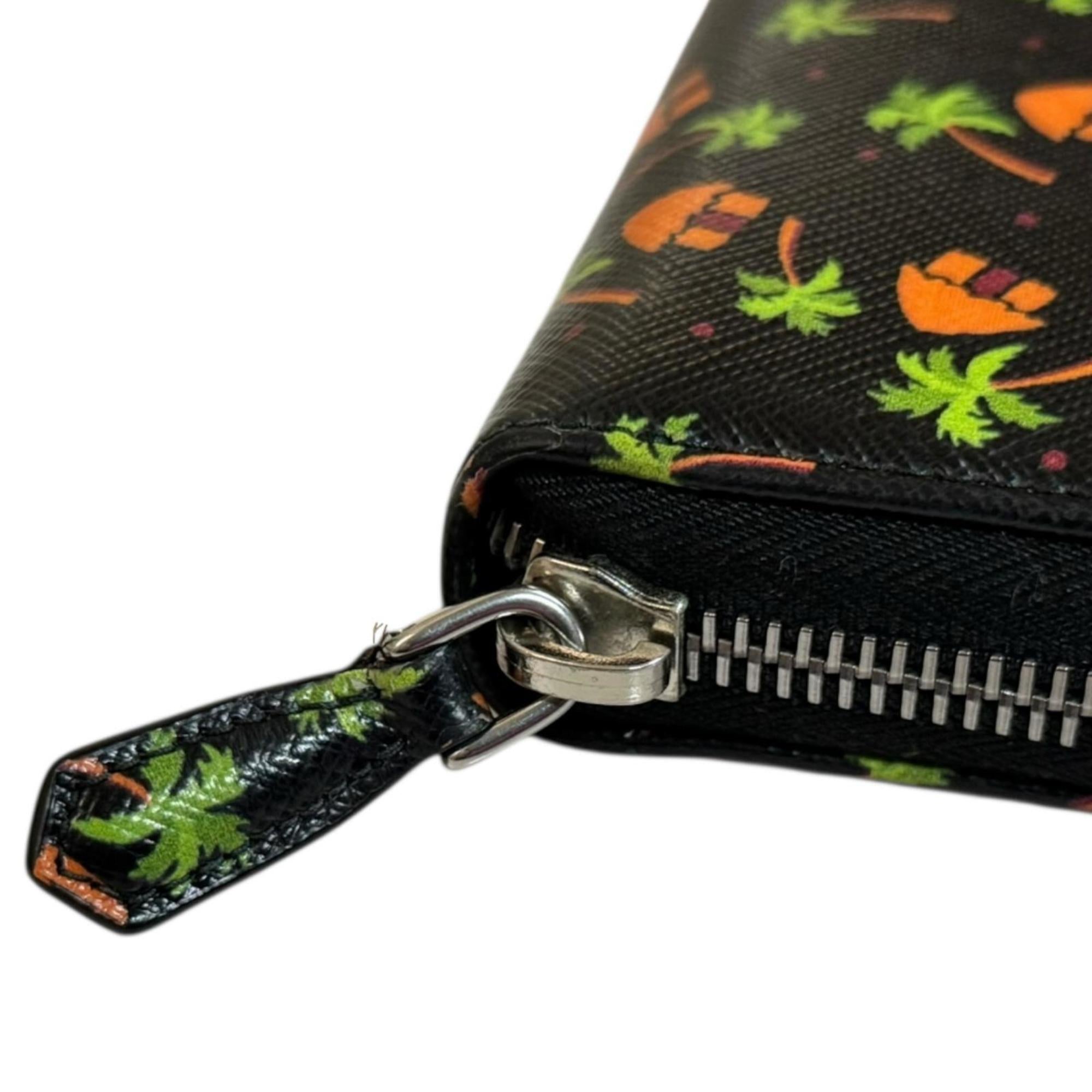 Prada Black Green Orange Leather Long Wallet (Bi-Fold)