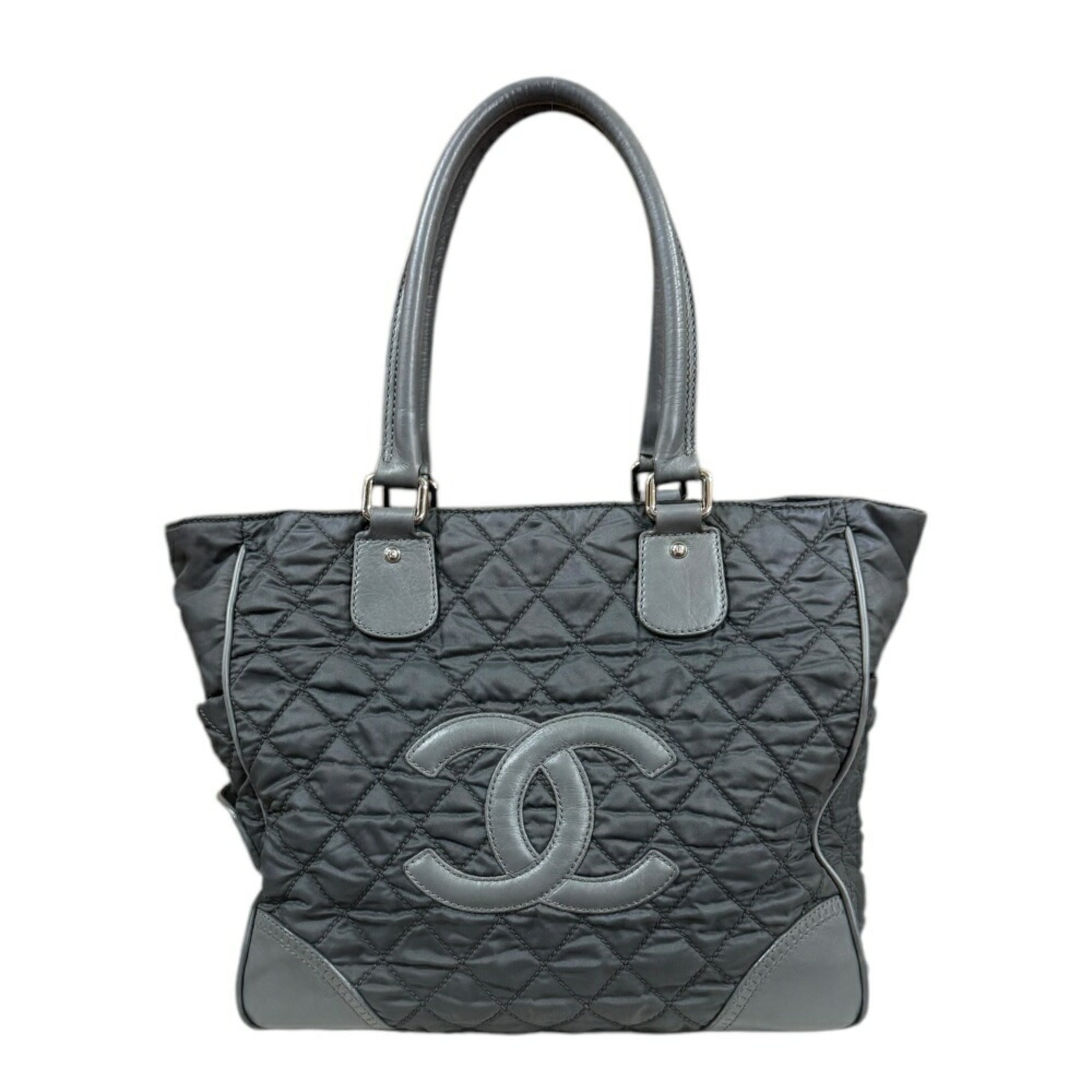 Chanel Gray Nylon Leather Tote Bag