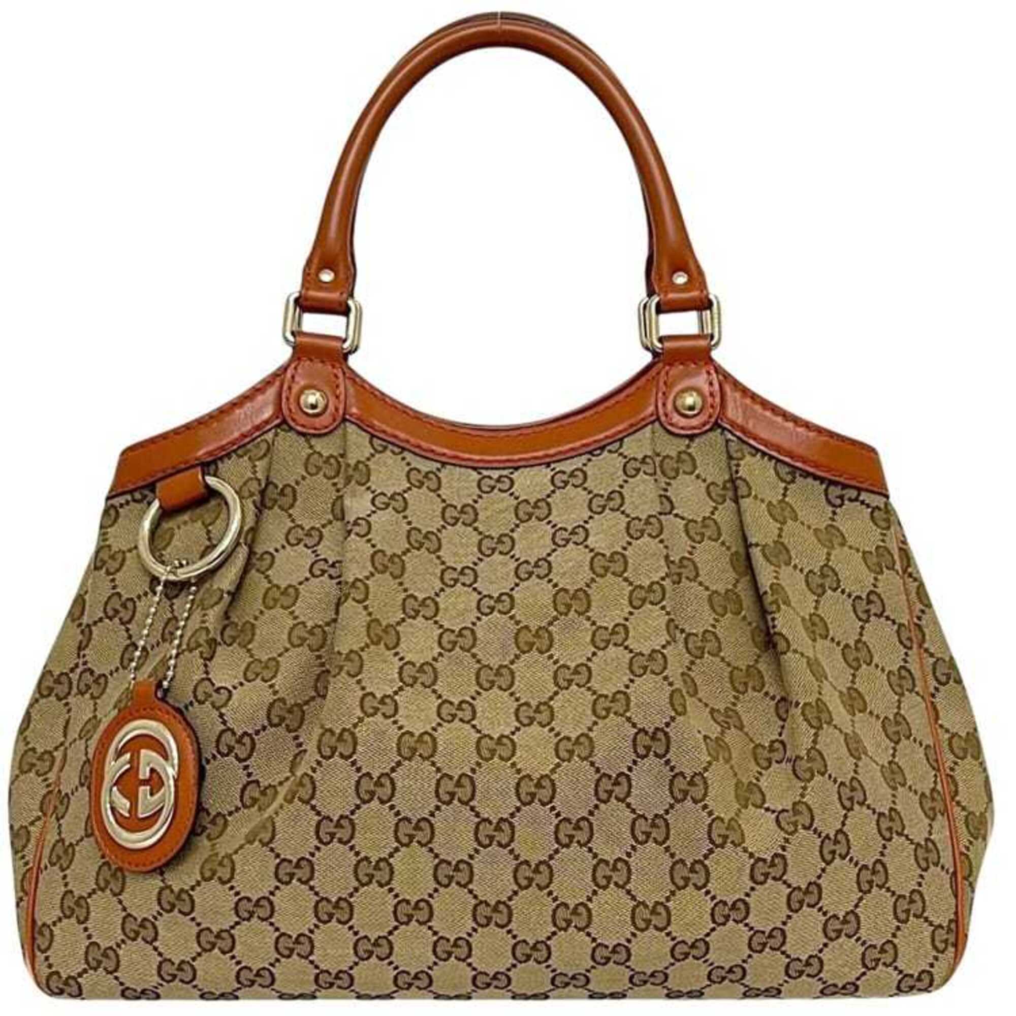 Gucci Gg Canvas Beige Orange Gg Canvas Leather Tote Bag (Pre-Owned)