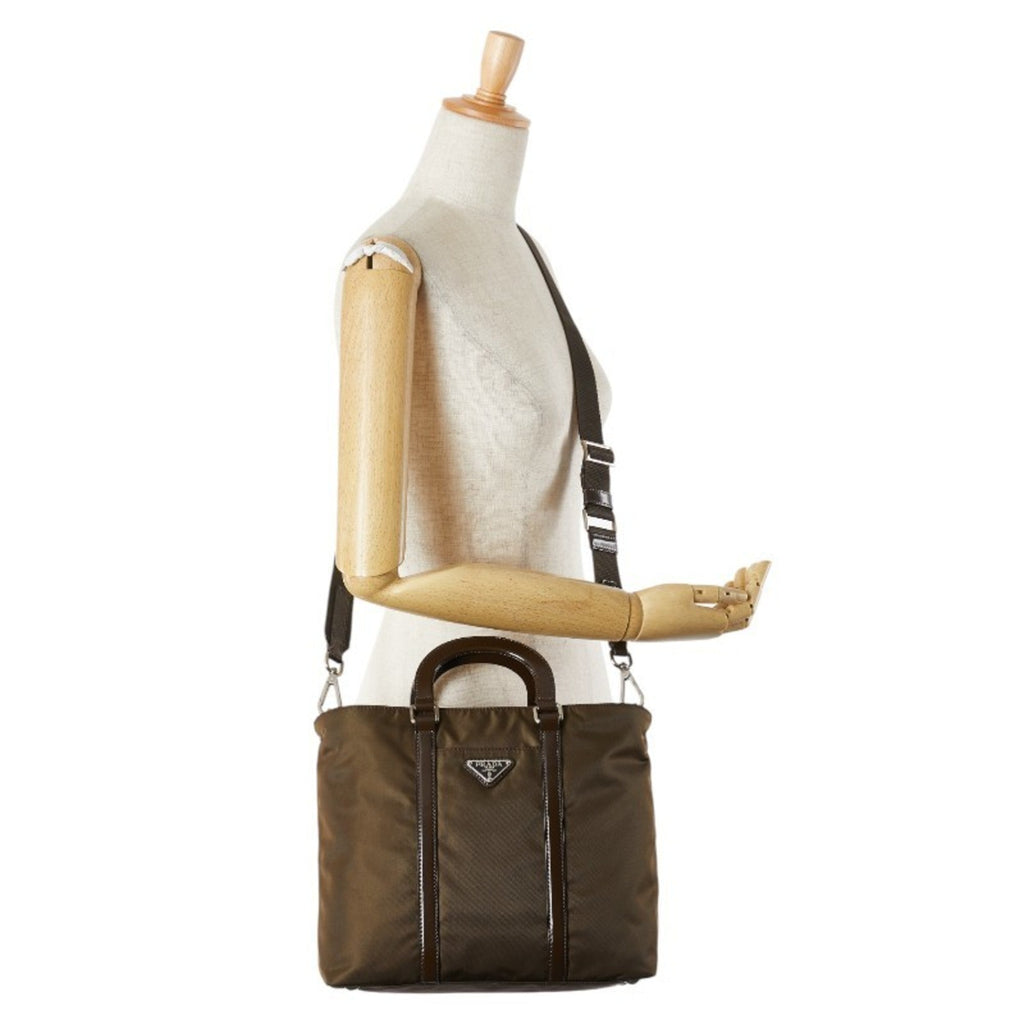 Prada Brown Khaki Nylon Leather Handbag Shoulder Bag
