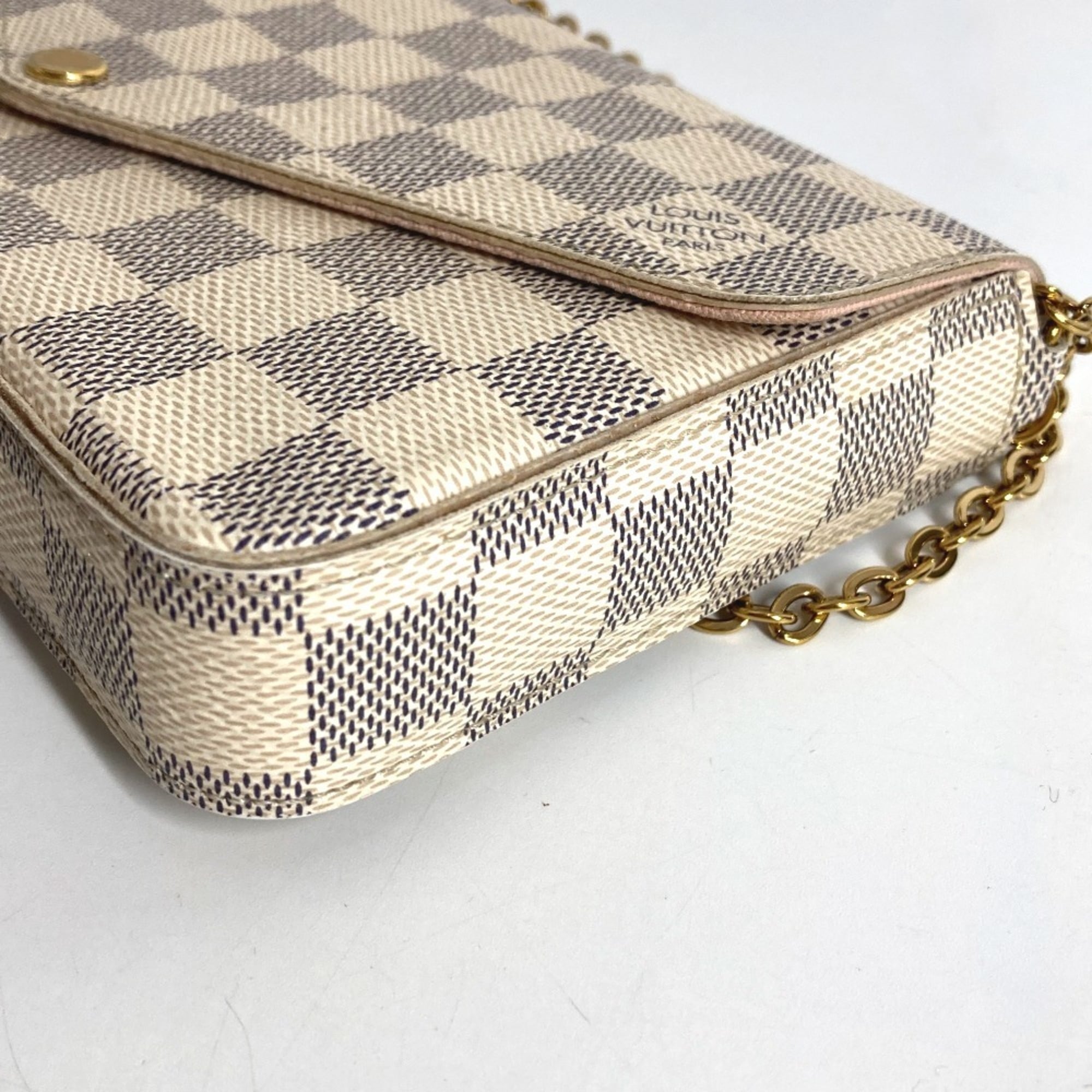 Louis Vuitton Pink Rose Ballerine White Damier Azur Chain/Shoulder Wallet