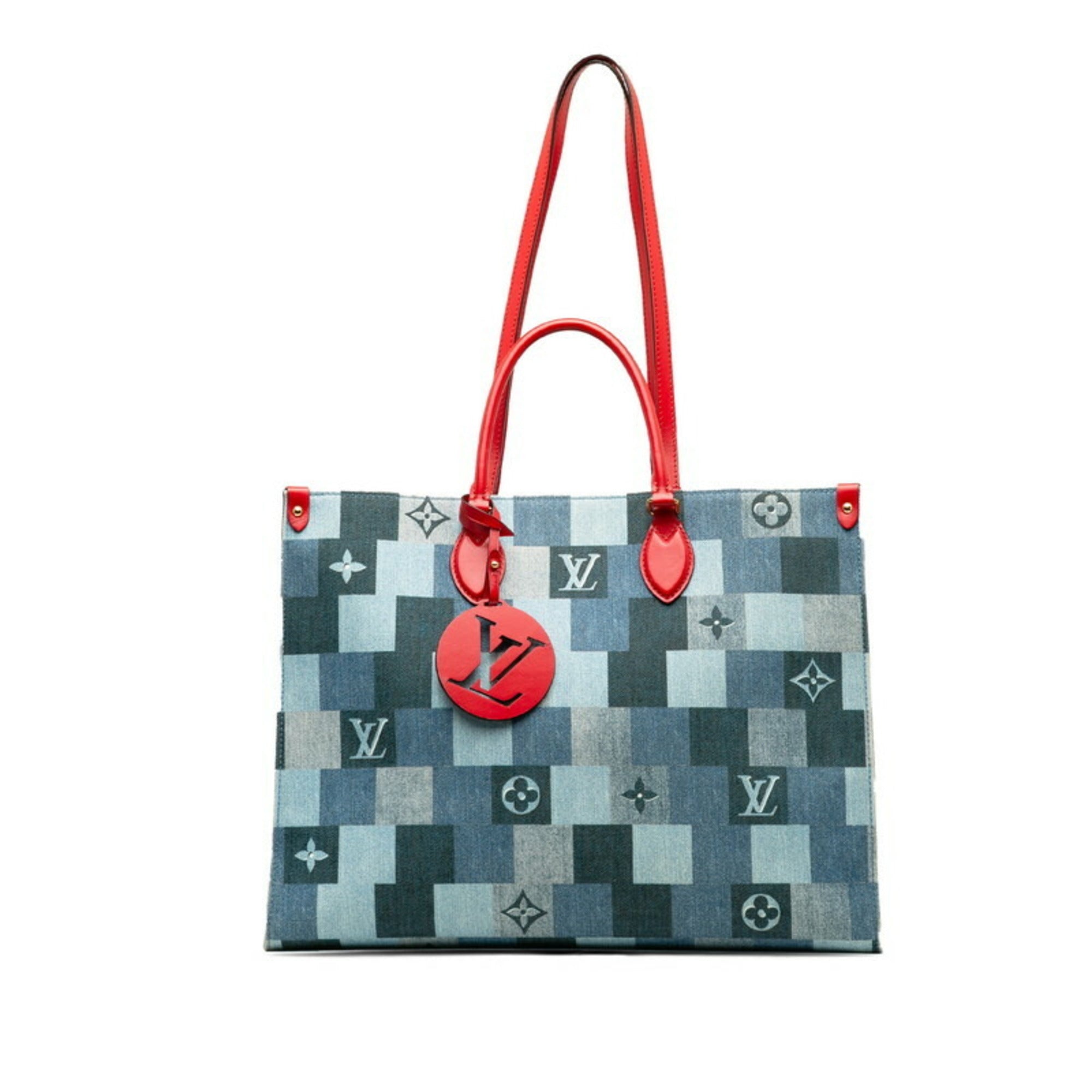 Louis Vuitton Blue Red Color Denim Leather Shoulder Bag Tote Bag
