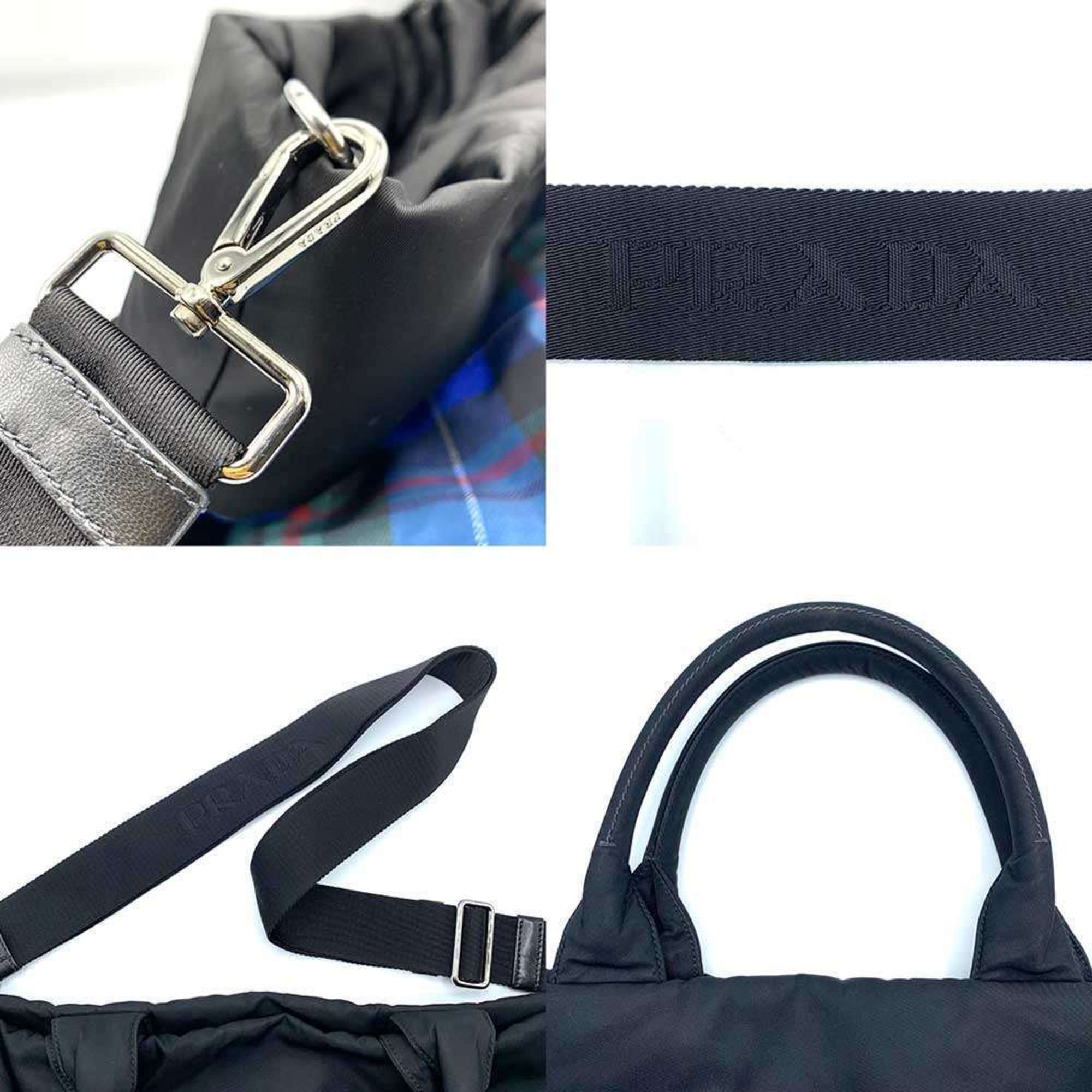 Prada Black Blue Nylon Leather Handbag Shoulder Bag