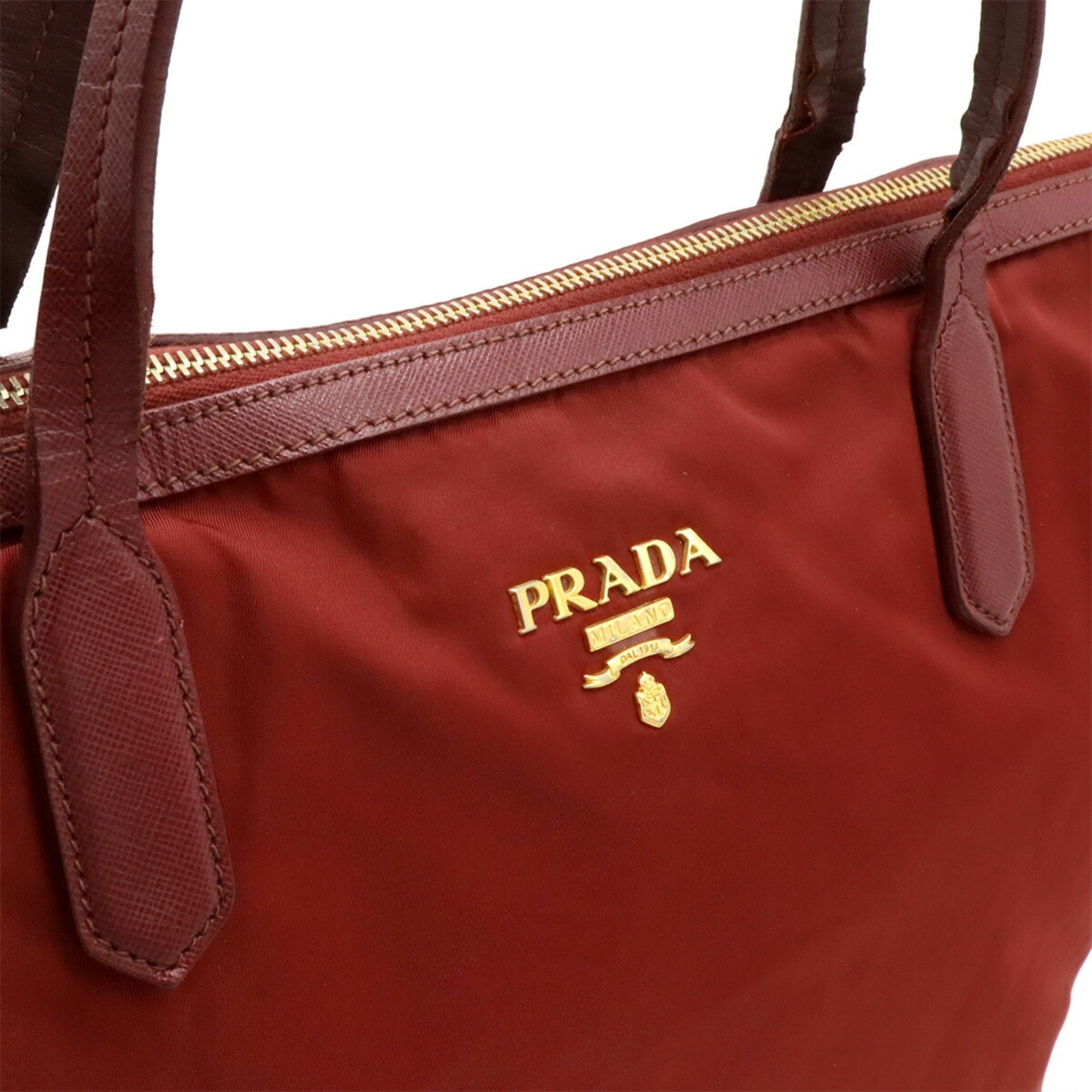 Prada Red Color Wine Nylon Leather Shoulder Bag Tote Bag