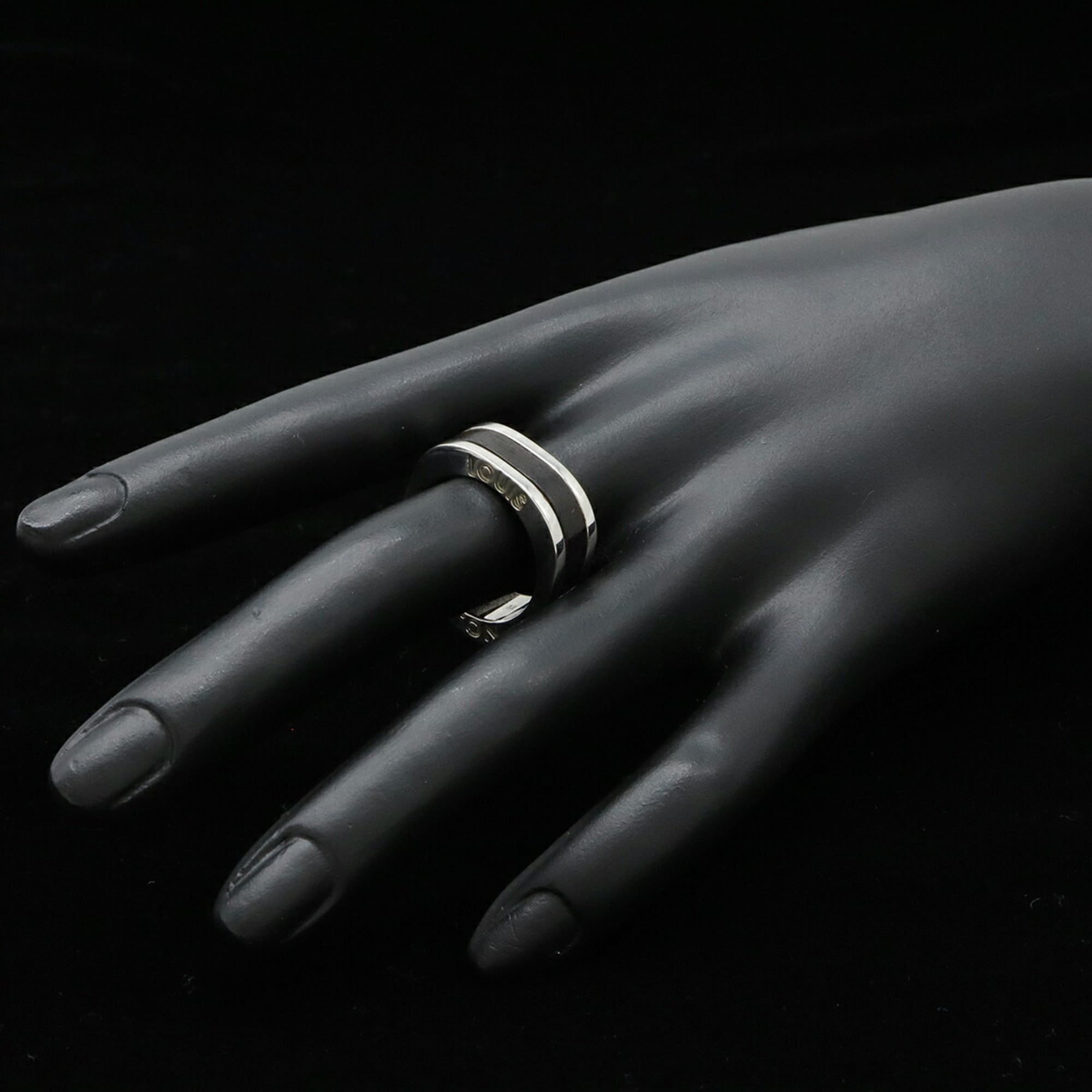 Louis Vuitton Silver Dark Brown Metal Wood Band Ring