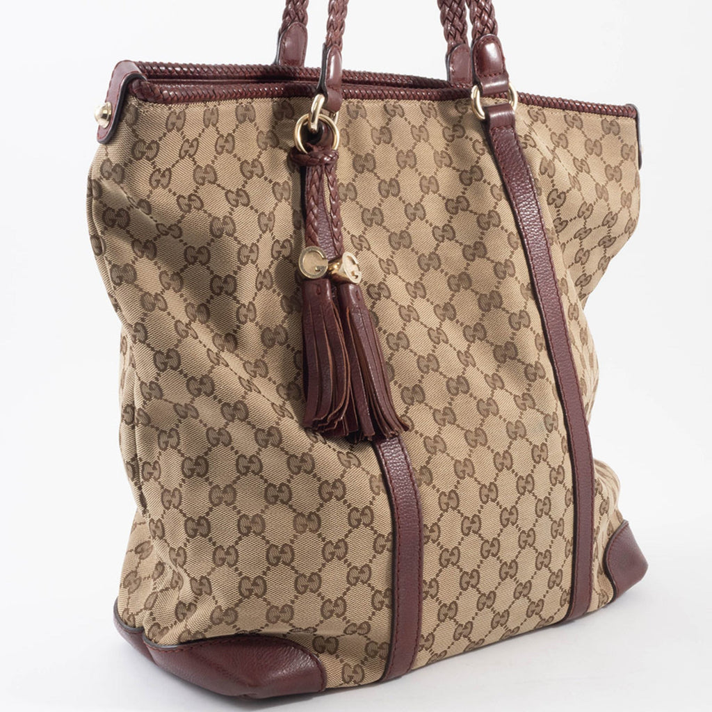 Gucci Gg Canvas Beige Brown Gg Canvas Leather Tote Bag (Pre-Owned)