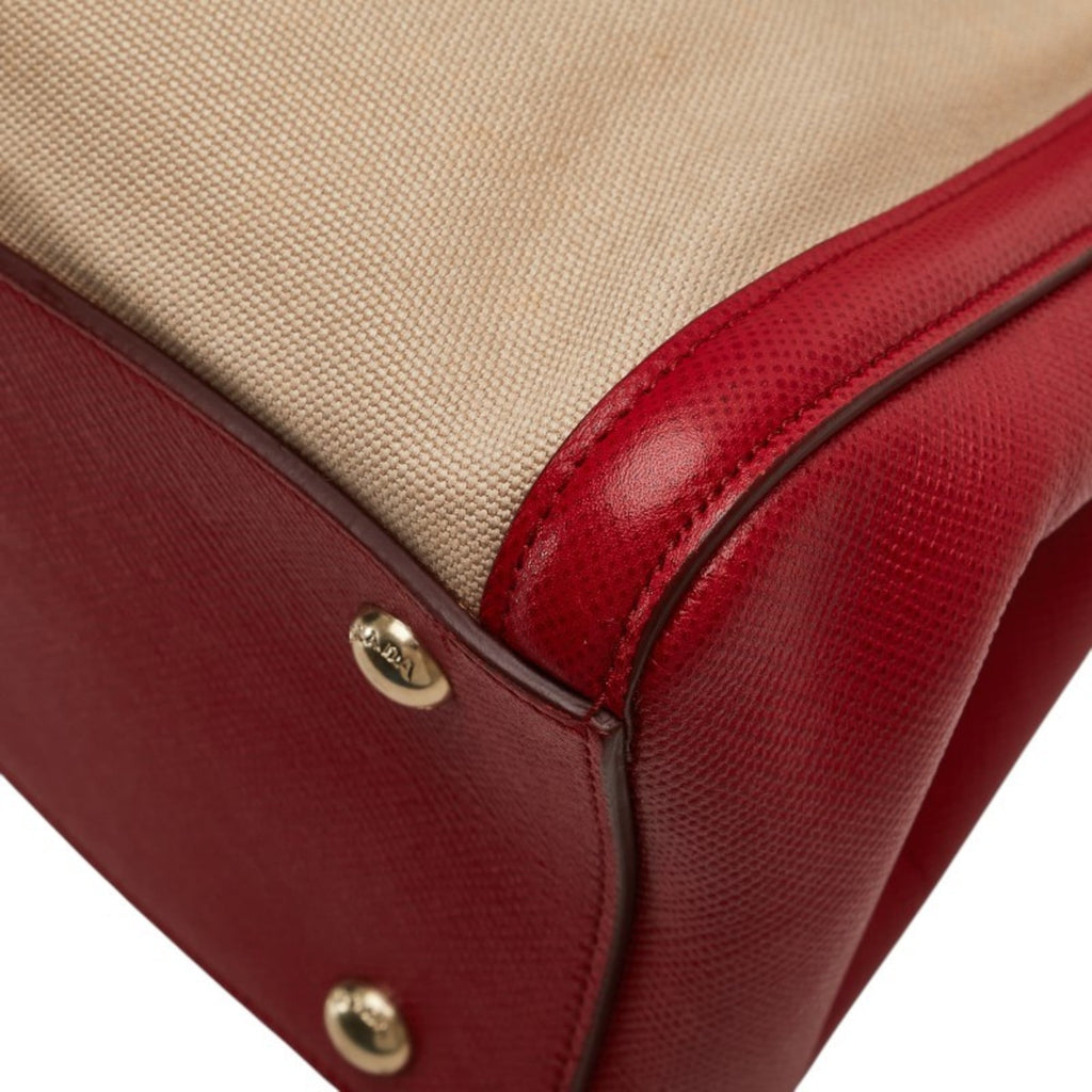 Prada Beige Red Color Canvas Leather Handbag Shoulder Bag