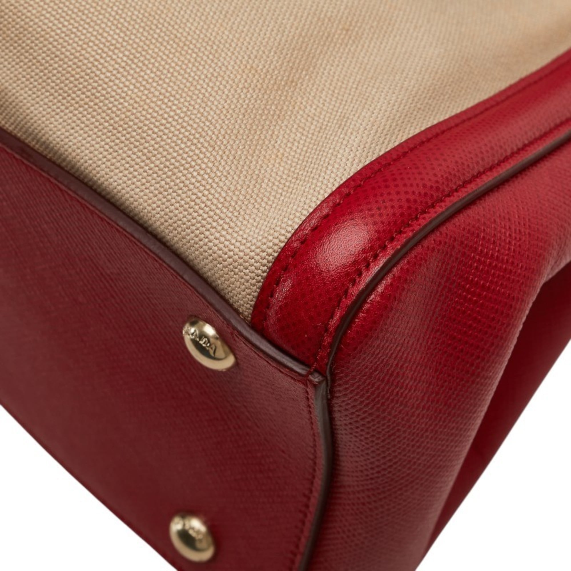 Prada Beige Red Color Canvas Leather Handbag Shoulder Bag
