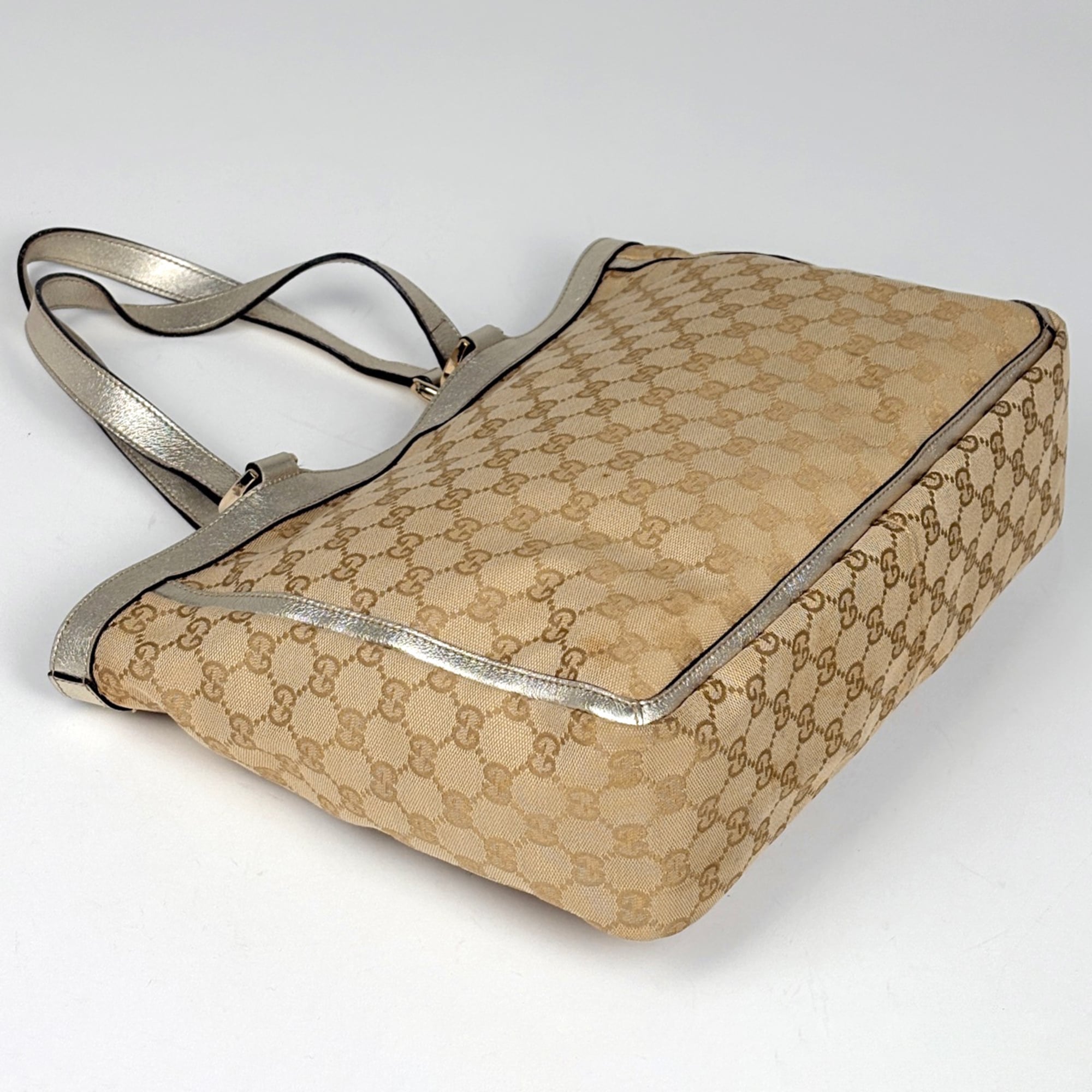 Gucci Gg Canvas Beige Gold Gg Canvas Leather Handbag Tote Bag (Pre-Owned)