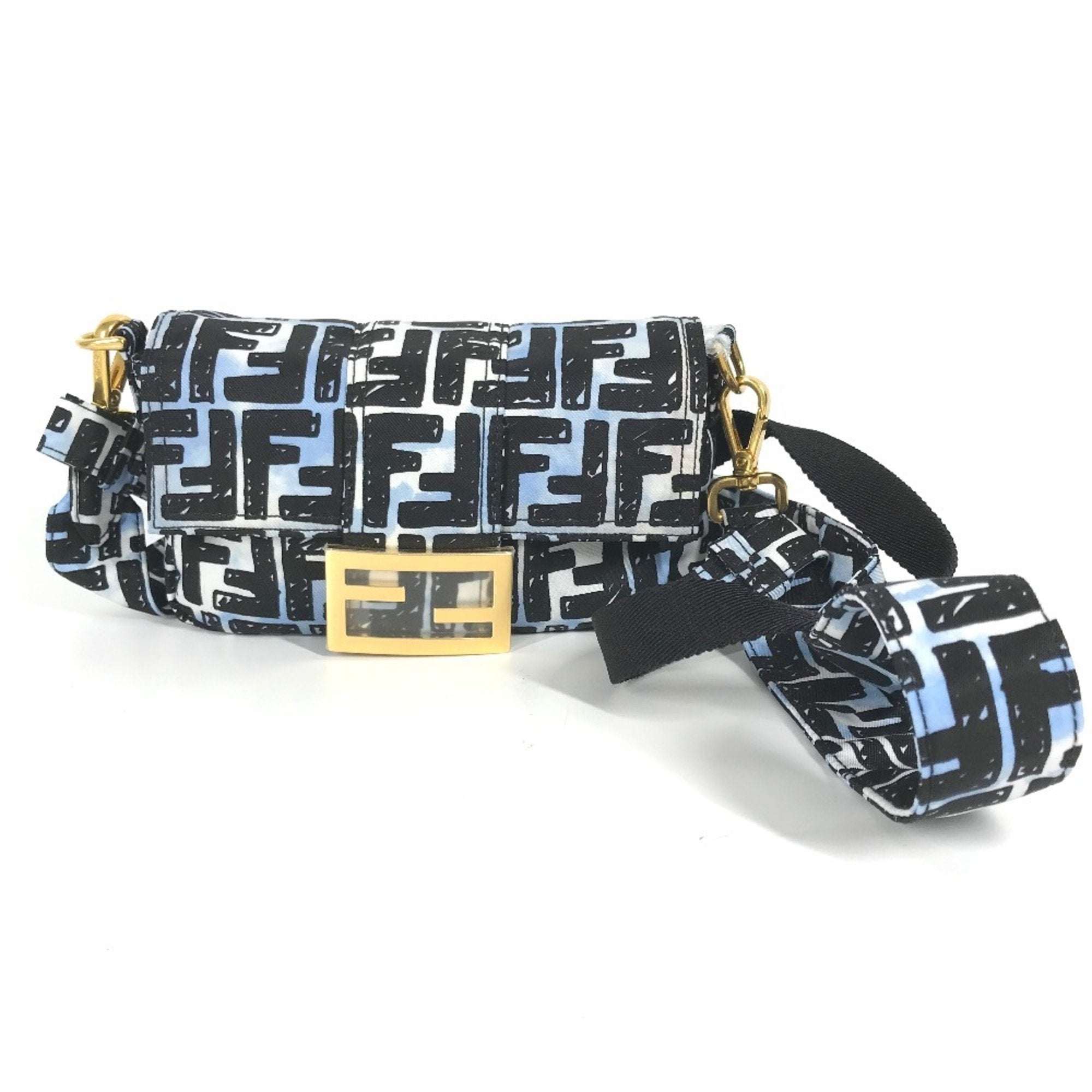 Fendi Black Blue Nylon Baguette Bag Pochette Shoulder Bag