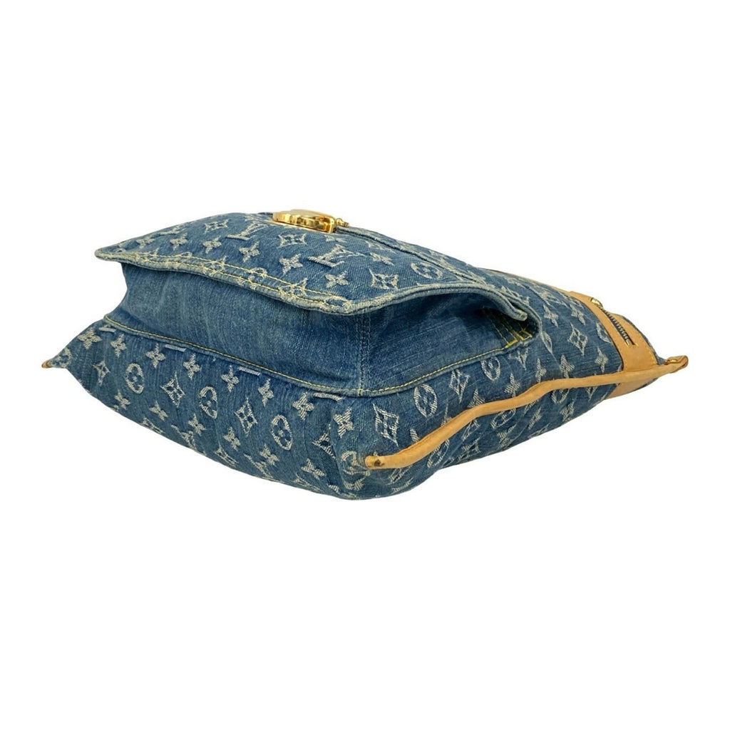 Louis Vuitton Beige Blue Denim Leather Handbag Tote Bag