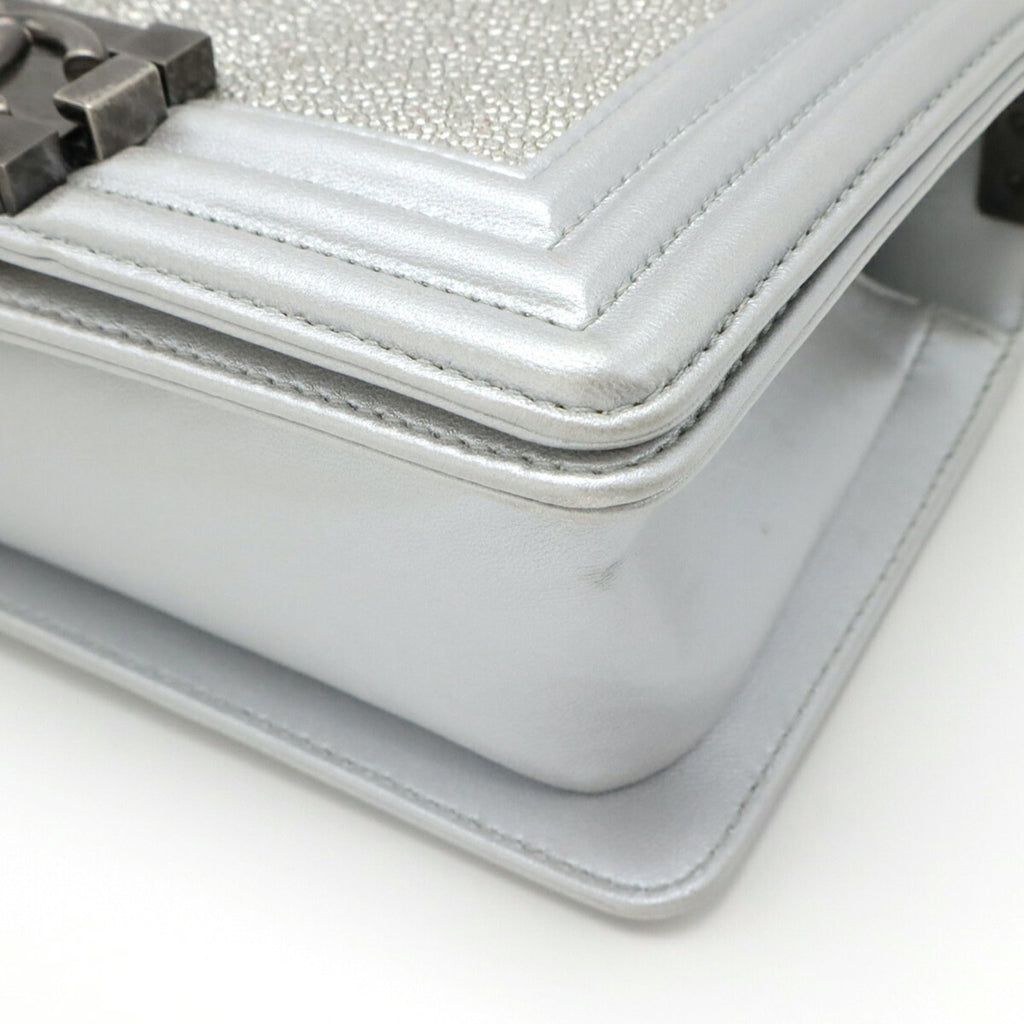 Chanel Boy Chanel Metallic Silver Leather Pochette Shoulder Bag