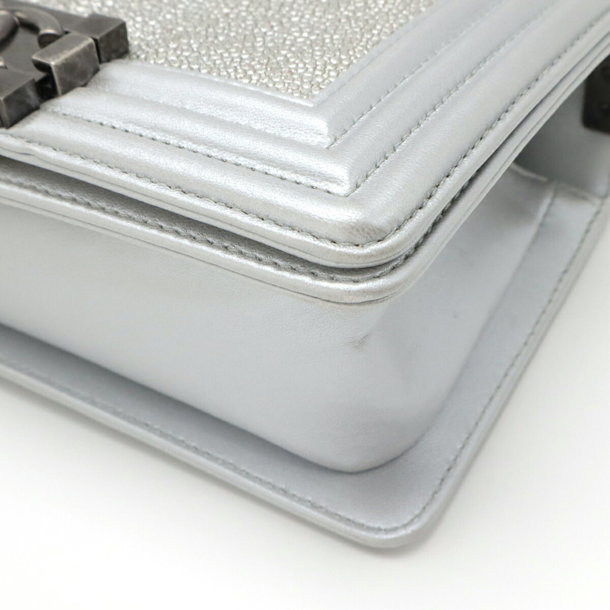Chanel Boy Chanel Metallic Silver Leather Pochette Shoulder Bag