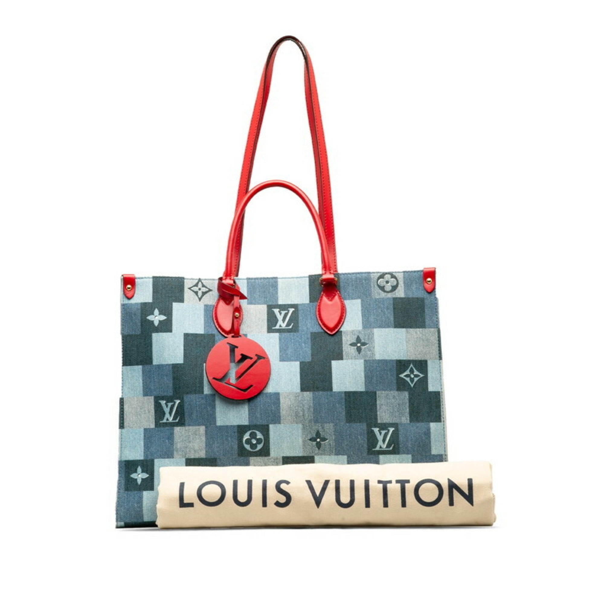 Louis Vuitton Blue Red Color Denim Leather Shoulder Bag Tote Bag