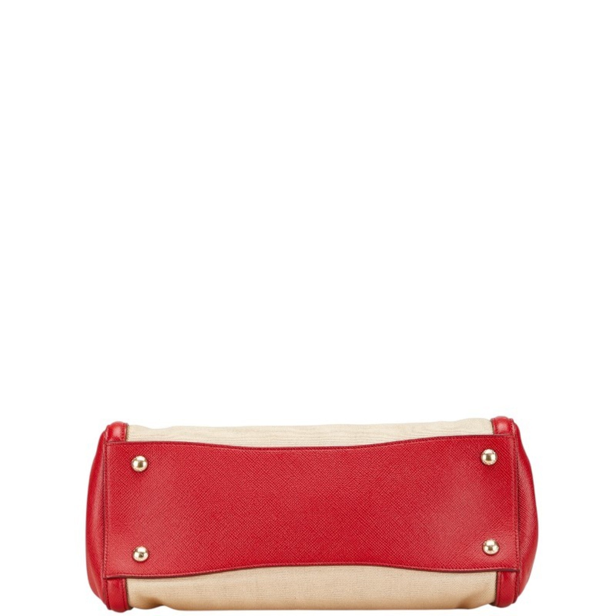 Prada Beige Red Color Canvas Leather Handbag Shoulder Bag