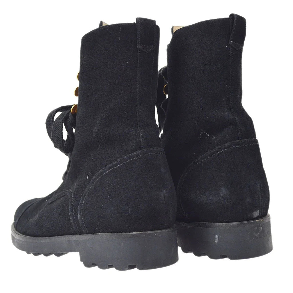 CHANEL Black suede Lace-Up Boots Shoes #36