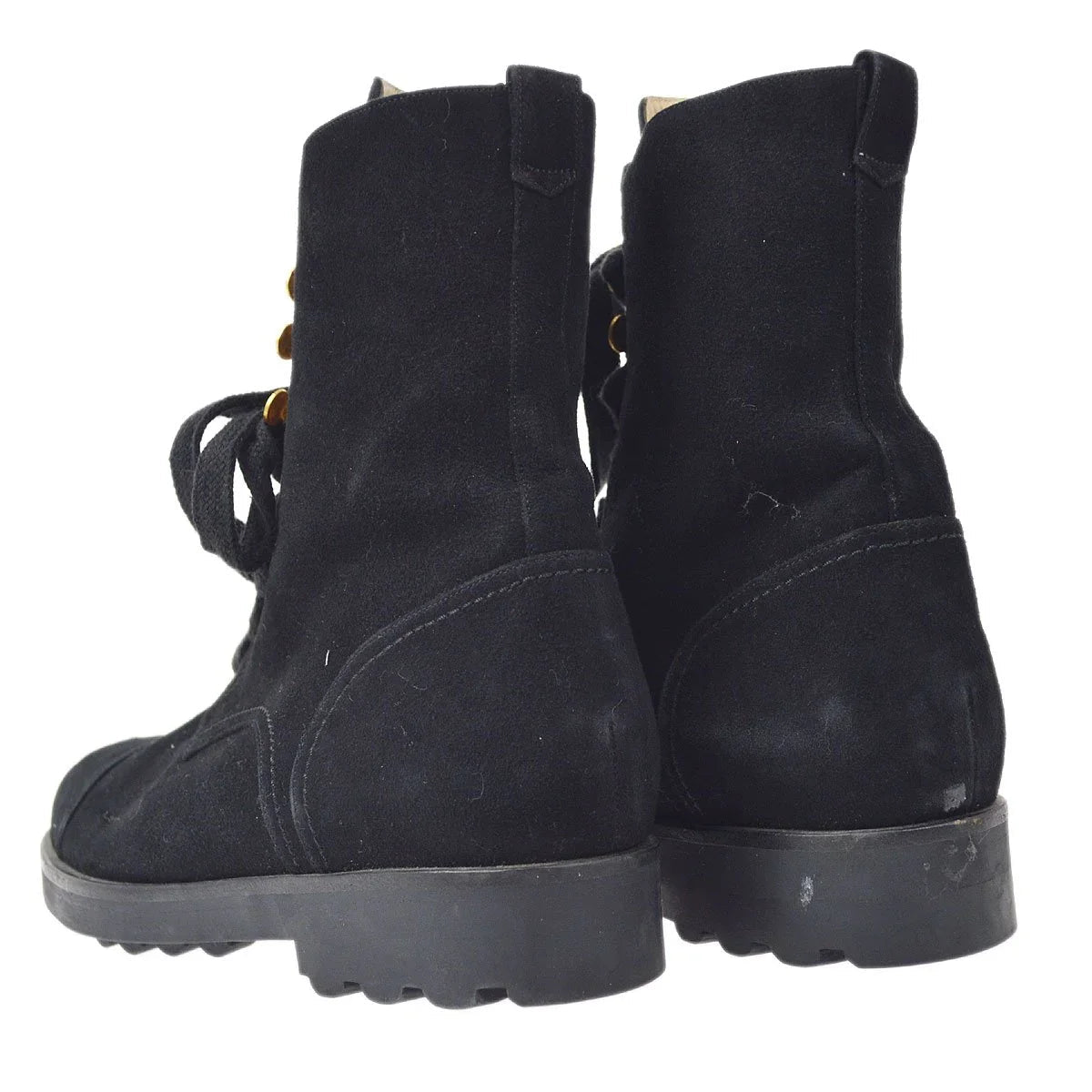 CHANEL Black suede Lace-Up Boots Shoes #36