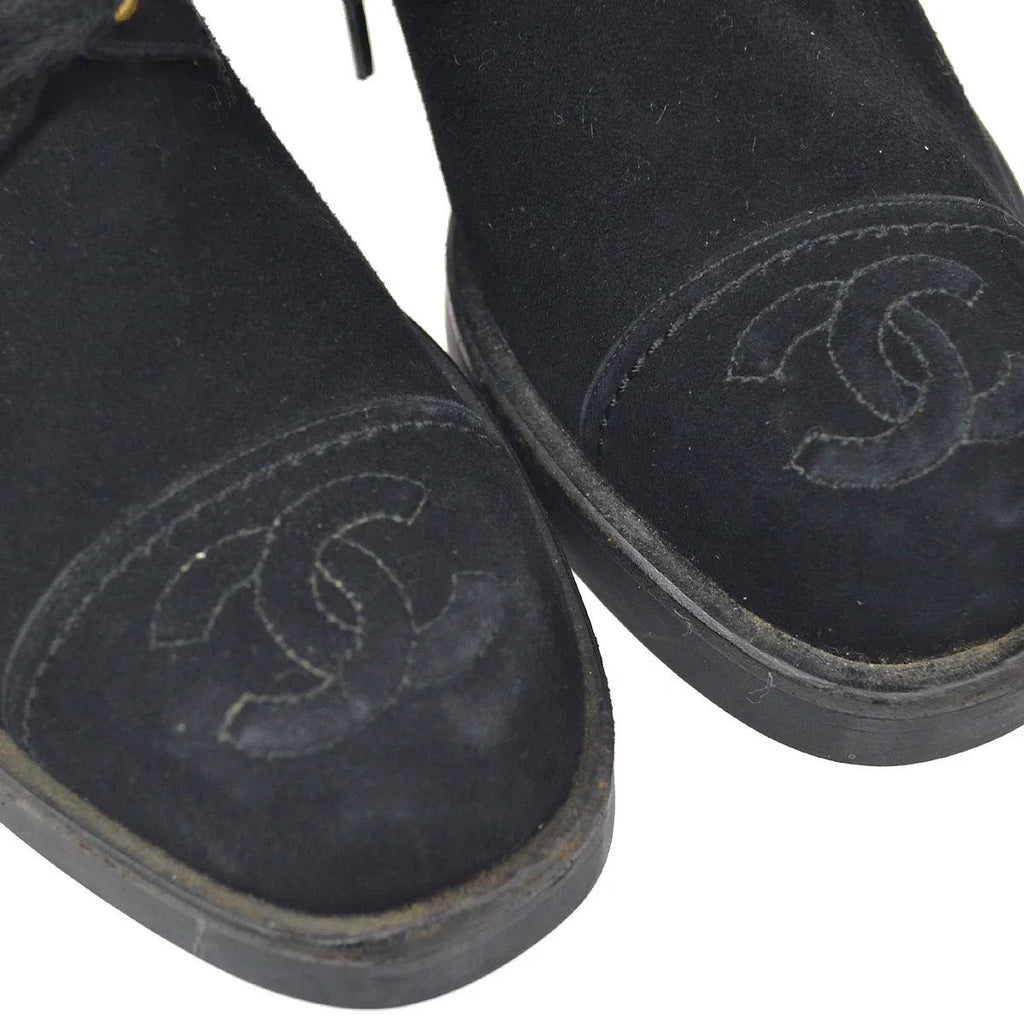 CHANEL Black suede Lace-Up Boots Shoes #36