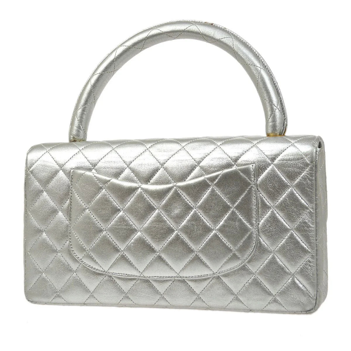 CHANEL 1994 Silver Lambskin Quilted Top Handle Bag