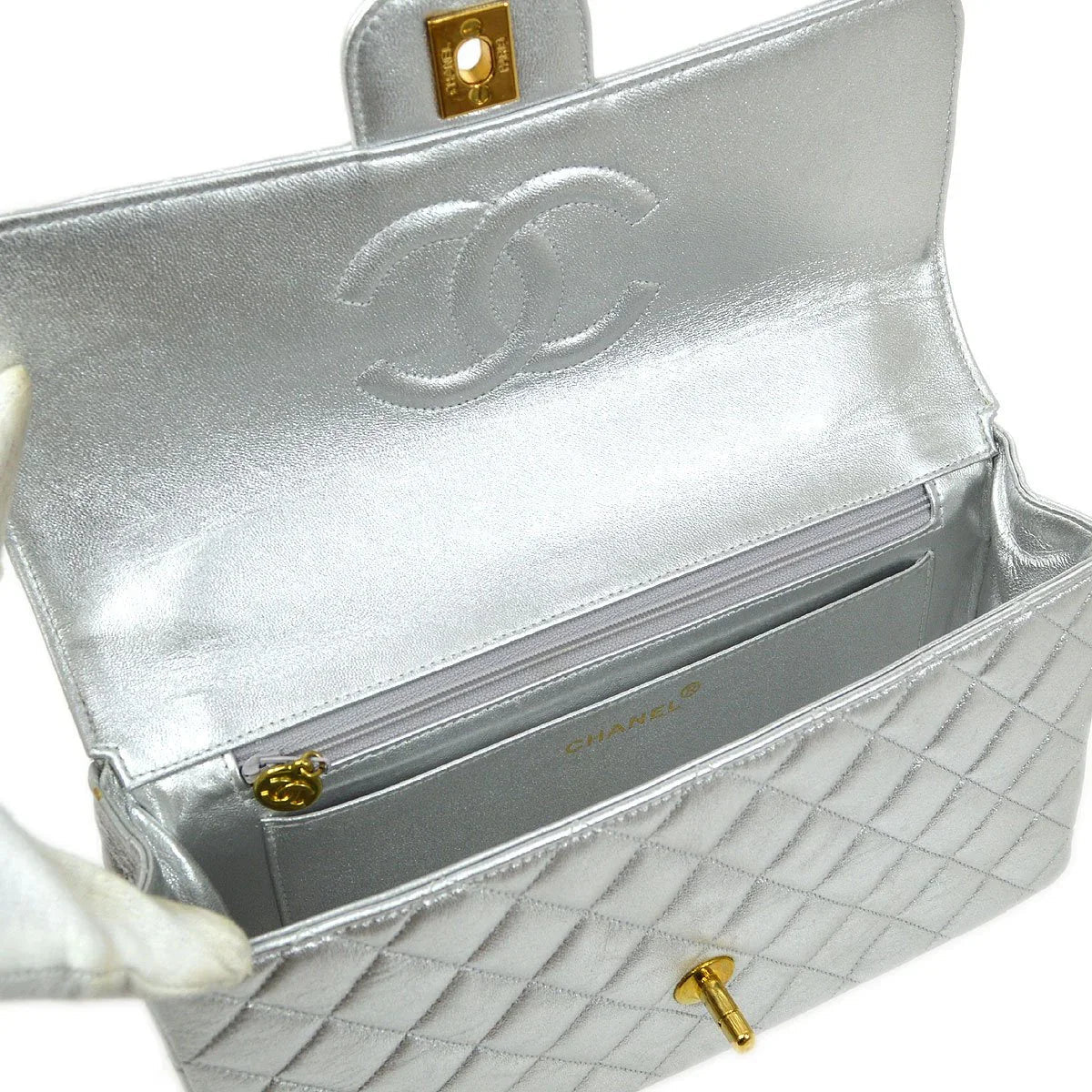CHANEL 1994 Silver Lambskin Quilted Top Handle Bag