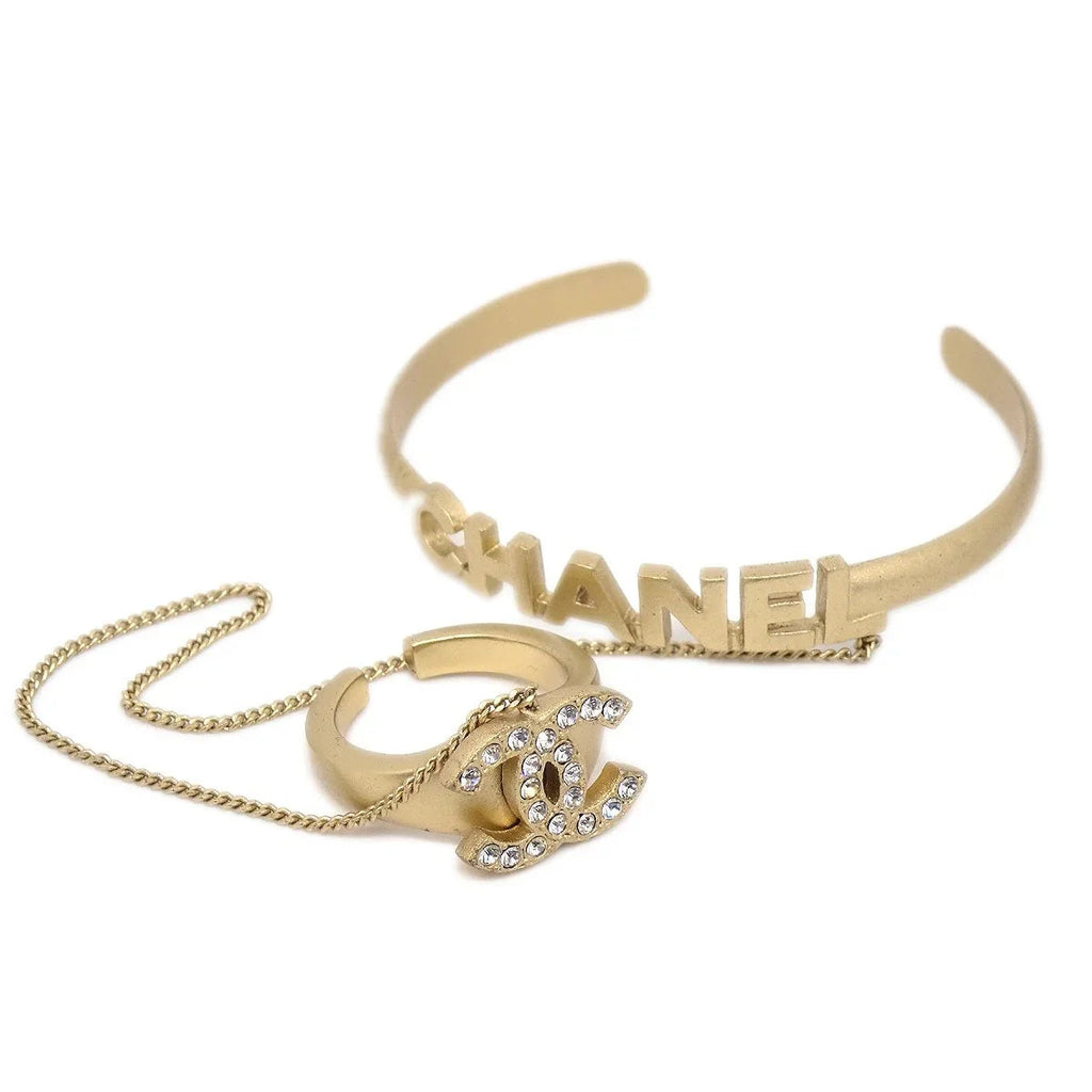 CHANEL 2001 Cruise Crystal & Gold CC Ring #52 and Logo Bangle Set