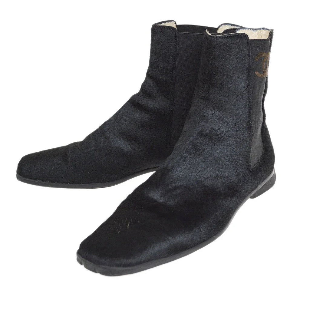 Chanel Black Pony Hair Side Chelsea Boots Shoes
